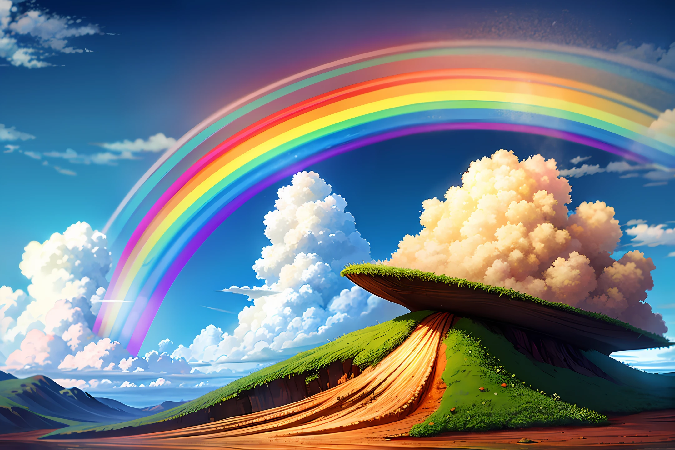 anthill over cloud, anthill being attacked by ants, rainbow on the background, fantasy