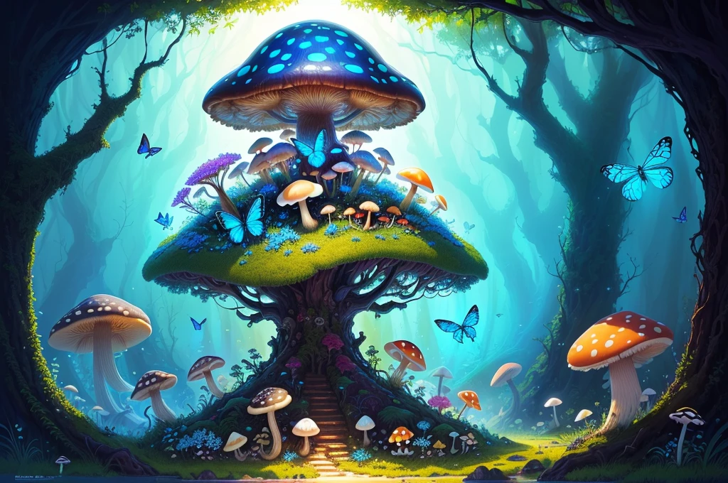 majestic anthill with mushroom and bright dragonfly sitting on top, fantasy, art, bright blue light, butterflies