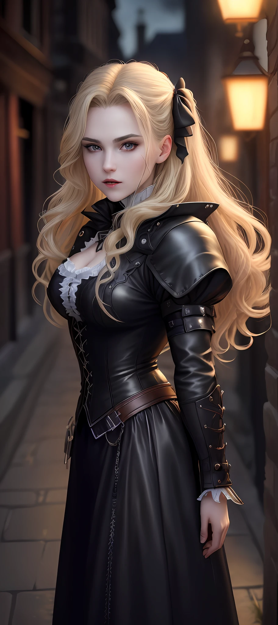 "Complete art masterpiece, high quality, ultra detailed in 4k, 8k, high resolution, hyper-realistic photo, hyper-detailed, realistic skin texture, amazing shadows, extremely detailed texture, perfect lighting, high-level image quality." A female vampirehunter, Fair skin, blond hair, outlined eyes, outlined face, bracelet, Full body, bloody leather clothes, victorian city on back, night, dark,