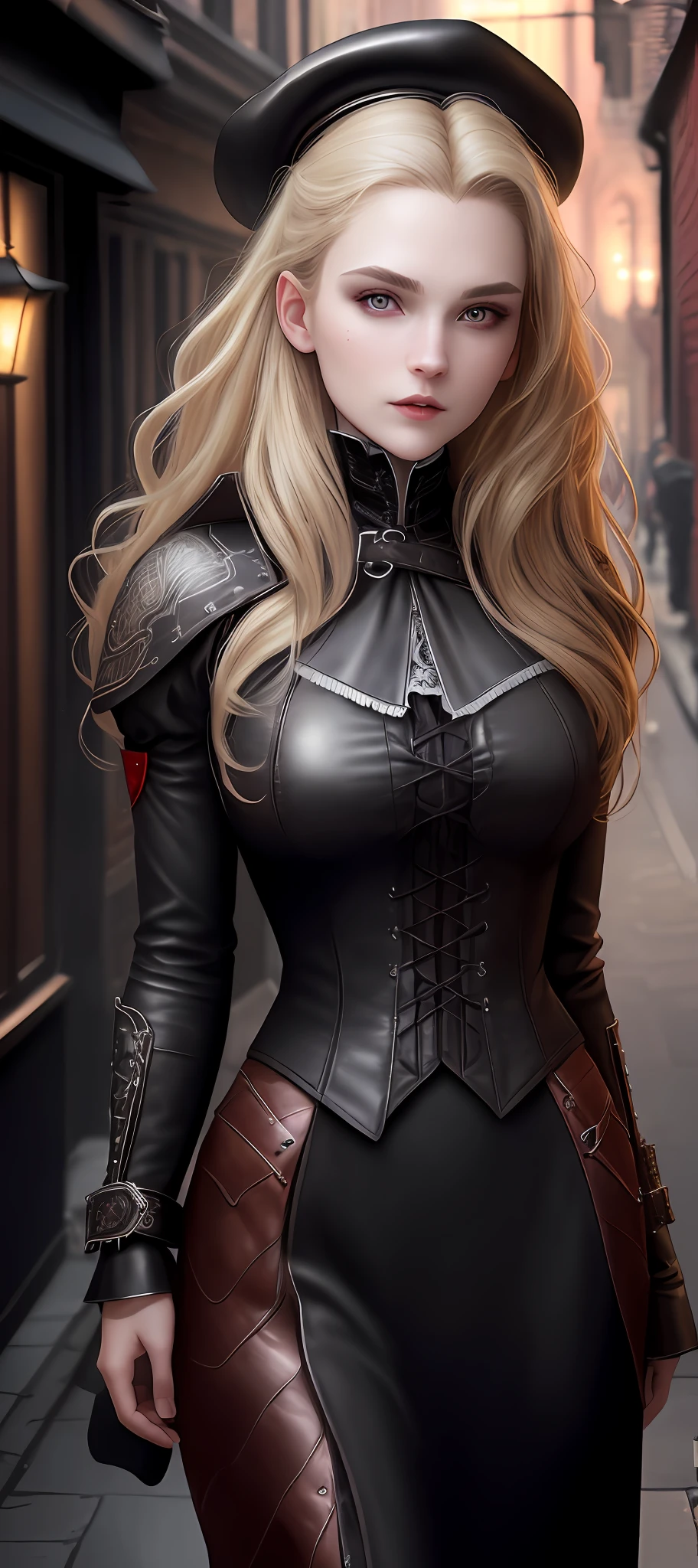 "Complete art masterpiece, high quality, ultra detailed in 4k, 8k, high resolution, hyper-realistic photo, hyper-detailed, realistic skin texture, amazing shadows, extremely detailed texture, perfect lighting, high-level image quality." A female vampirehunter, Fair skin, blond hair, outlined eyes, outlined face, bracelet, Full body, bloody leather clothes, victorian city on back, night, dark,