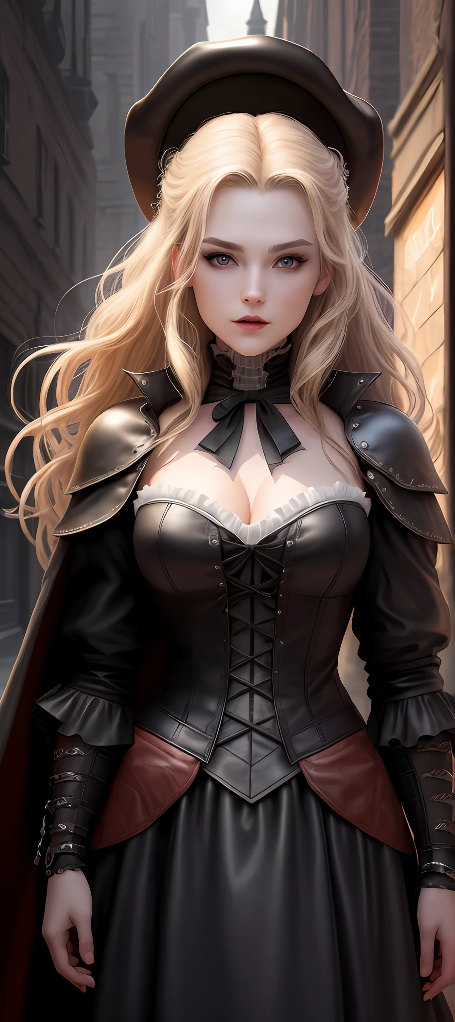 "Complete art masterpiece, high quality, ultra detailed in 4k, 8k, high resolution, hyper-realistic photo, hyper-detailed, realistic skin texture, amazing shadows, extremely detailed texture, perfect lighting, high-level image quality." A female vampirehunter, Fair skin, blond hair, outlined eyes, outlined face, bracelet, Full body, bloody leather clothes, victorian city on back, night, dark,