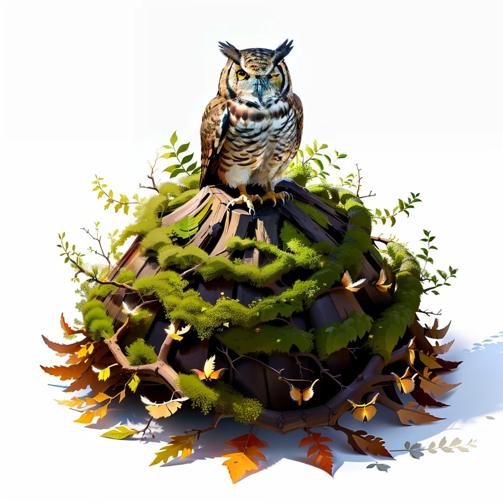 beautiful anthill made from branches and leaves with a Great Horned Owl on top