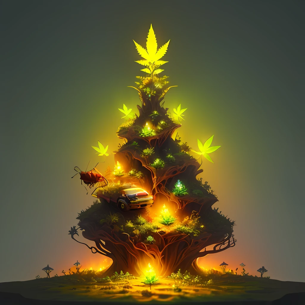 Anthill with glowing marijuana with high ant, fantasy, art