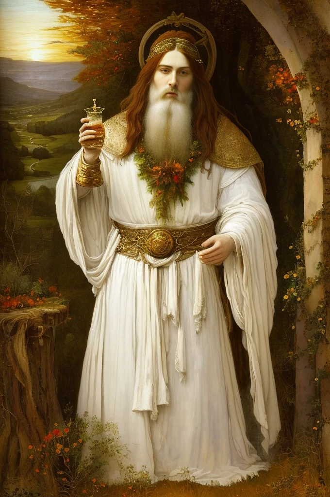 (((Pre-Raphaelite painting))) Old Celtic druid in white clothing makes a libation in the fire, white veil over the head, pours a liquid from a golden cup into the fire, mature man, golden and autumnal tones, sunset. Fire and water