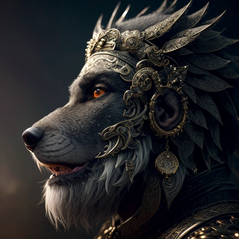 smooth-faced old black soldier, short, well-groomed gray beard, shaved gray hair, epic king's armor, intricately ornamented, beside a large black wolf, cinematic scene, dramatic light, 8k, looking at camera, looking determined, late autumn afternoon fantasy.