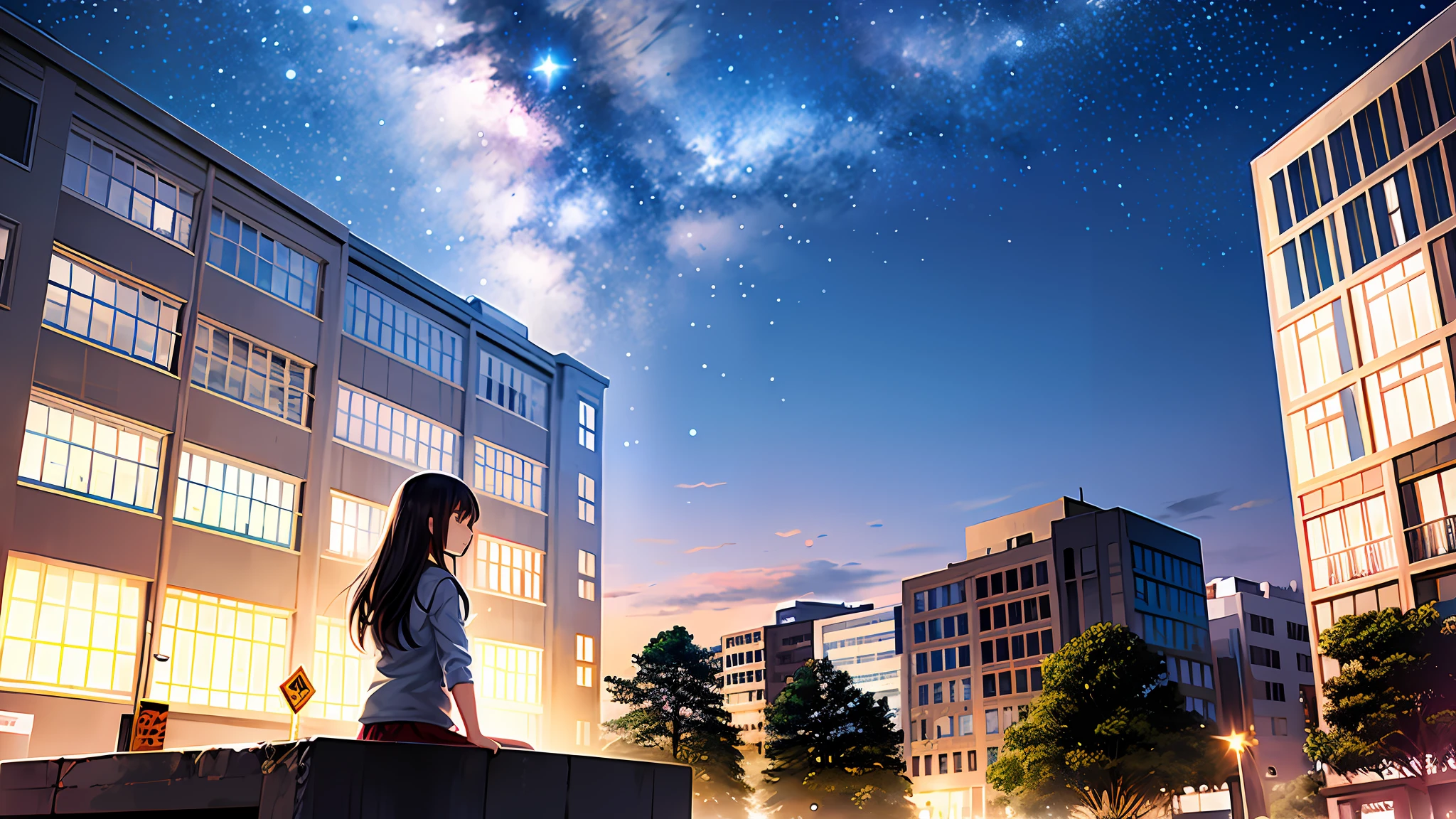 octans, sky, star (sky), scenery, starry sky, night, 1girl, night sky, solo, outdoors, signature, building, cloud, milky way, sitting, tree, long hair, city, silhouette, cityscape