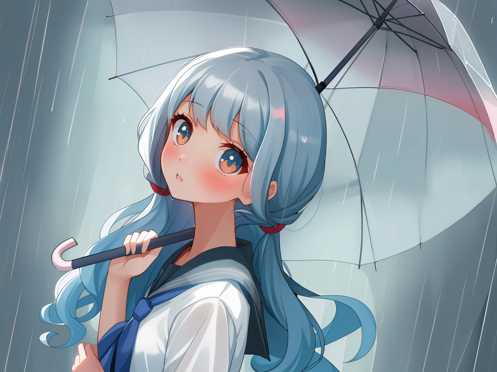 Cute girl, holding an umbrella, rainy day, puzzling look, school girl uniform