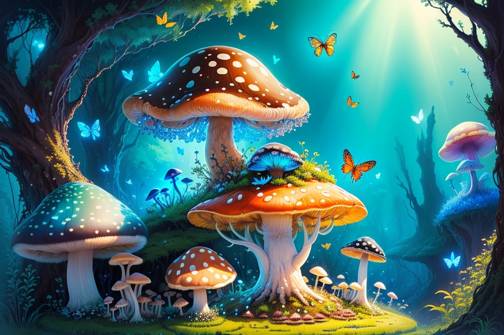 majestic anthill with mushroom and bright dragonfly sitting on top, fantasy, art, bright blue light, butterflies