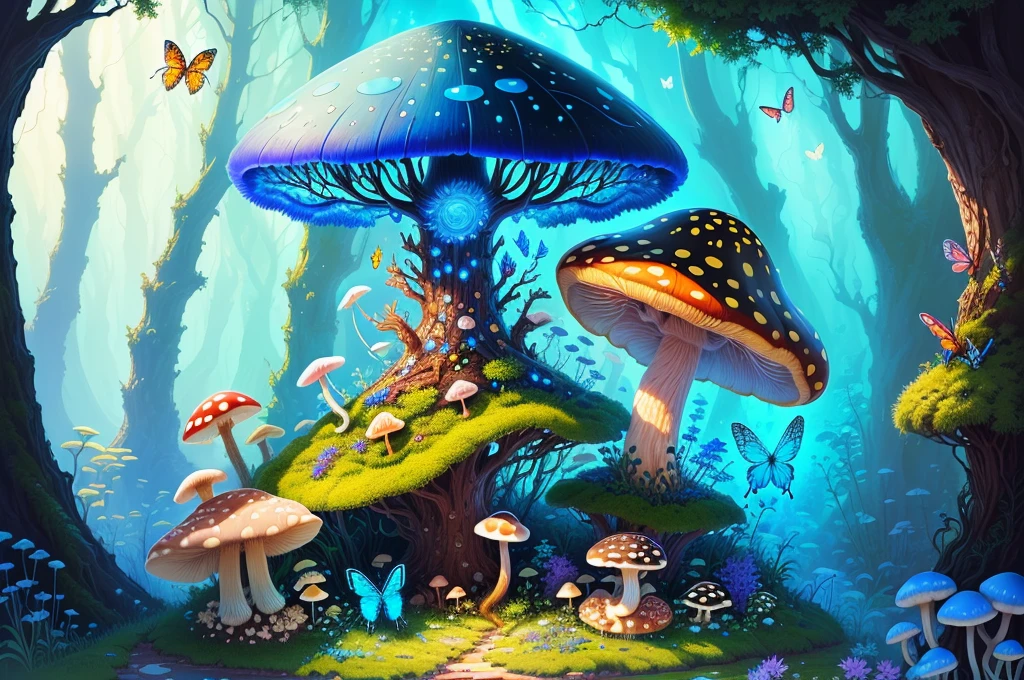 majestic anthill with mushroom and bright dragonfly sitting on top, fantasy, art, bright blue light, butterflies