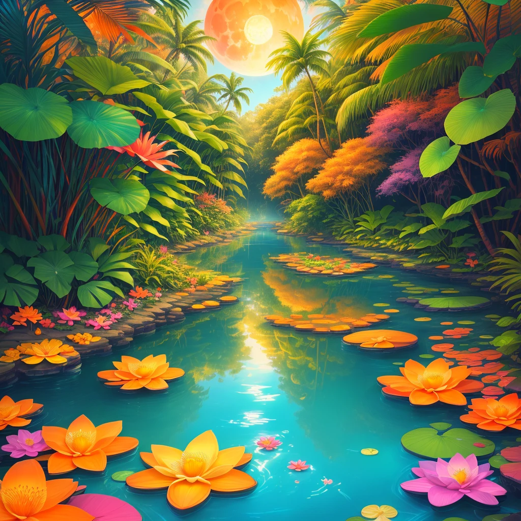 colorful tropical paradise jungle with colorful orange and pink shrubs a light blue river with the bank like brown earth and aged gold with golden water lilies and vibrant multicolored flowers and full moon and fireflies art color graffiti vivid and vibrant colors