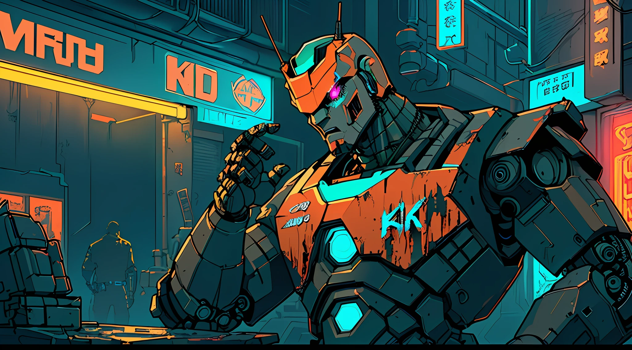 (Ultra detailed), (masterpiece), (best quality), (very detailed CG unit 8k wallpaper), ((upper body)), ((a rugged killer robot)), male, in an industrial area sci-fi, details of neon, neon, neon lights, male anatomy, soft light, concept art, ((horror)), dramatic, cinematic, highly detailed, stylized wallpaper