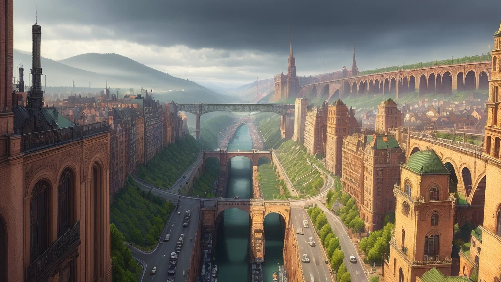((masterpiece)),((best quality)),((high detial)),((realistic,))
(Masterpiece), (Best Quality)
Cities in the industrial era, deep valleys in the middle, building streets, [[magic]], bridges, rainy days, steampunk, European architecture