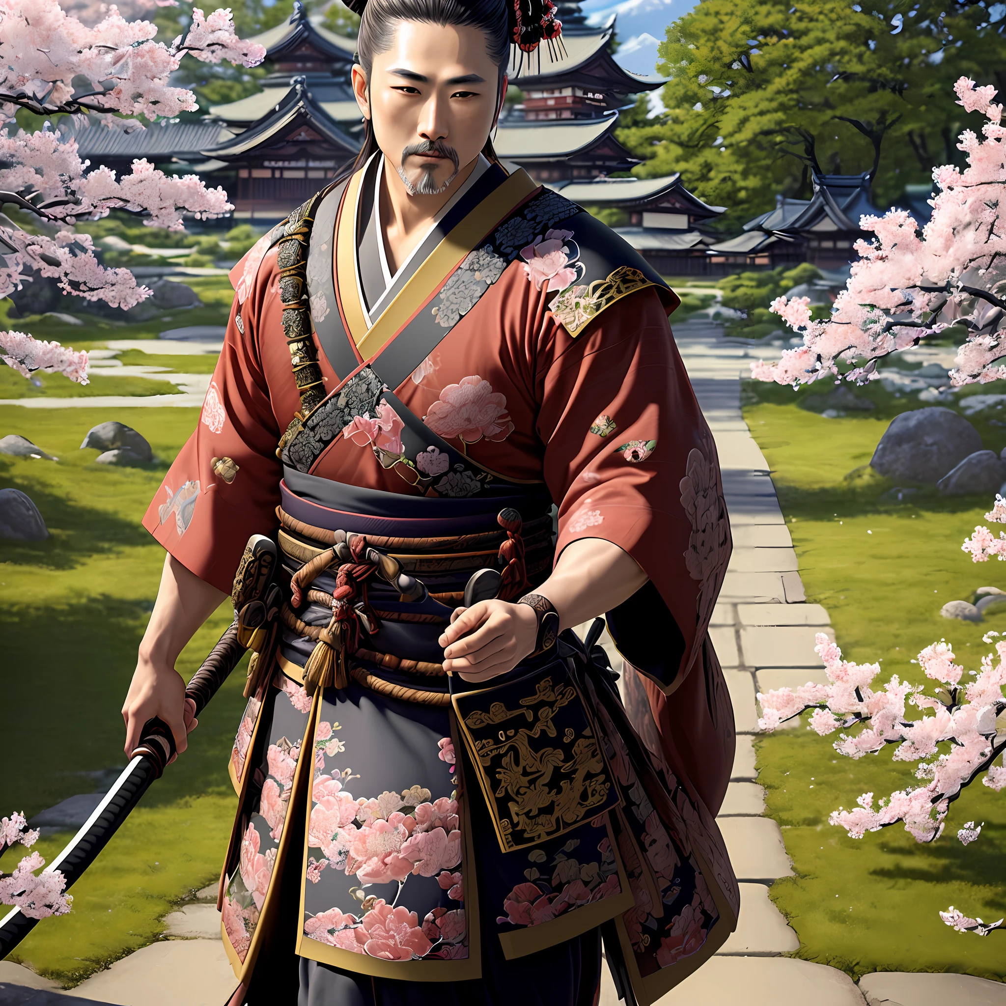 ((masterpiece)),((best quality)),((high detail)),((realistic,)) ((8k)) ((uhd)) ((well defined)) Male samurai warrior in a detailed ornate kimono with an ornate katana, walking in a Medieval Japanese City, sakura trees in bloom, a Japanese castle in the distance