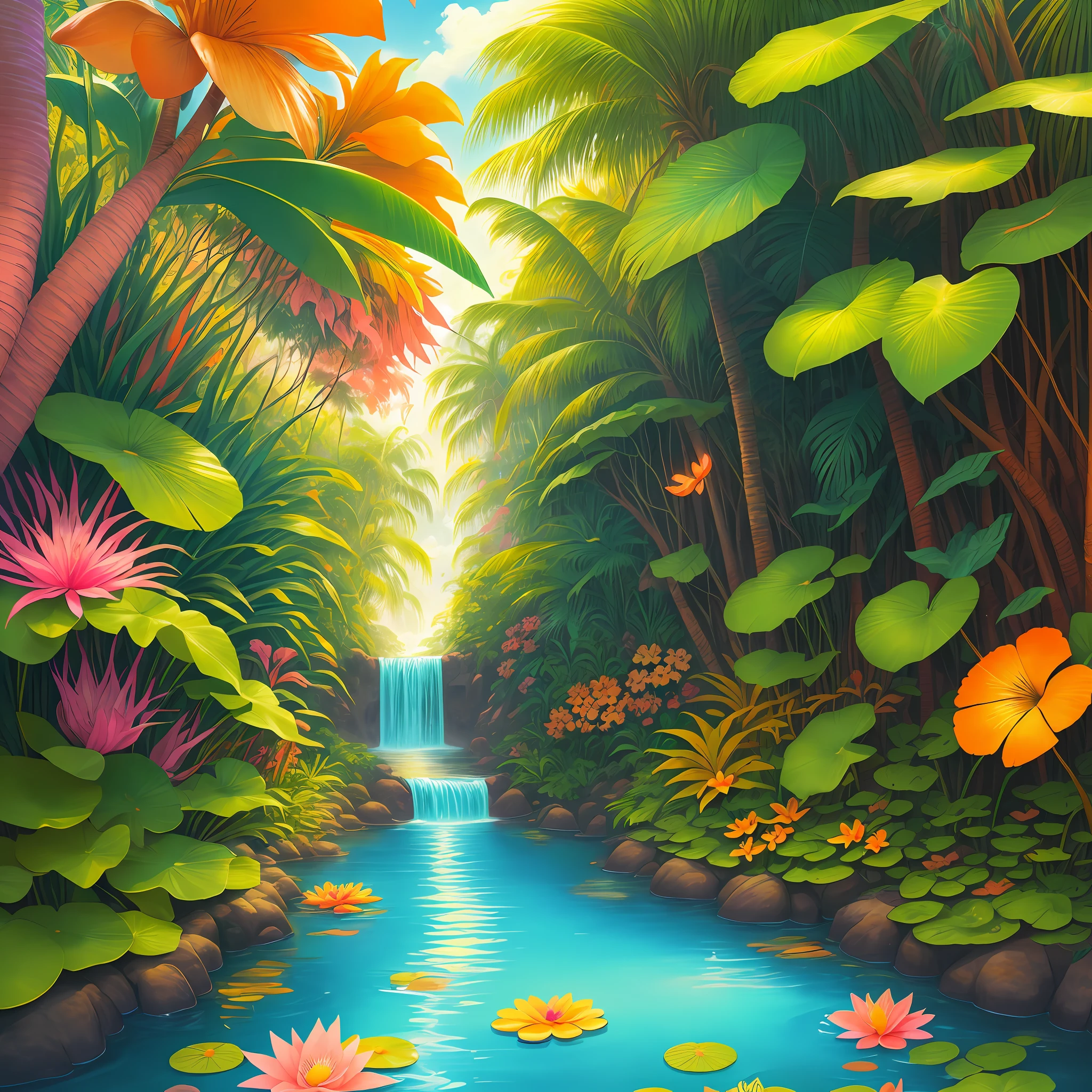 Colorful tropical paradise jungle with colorful orange and pink shrubs a light blue river with the bank like brown earth and aged gold with golden water lilies and vibrant multicolored flowers and lots of midday sunshine and fireflies vibrant graffiti colored art