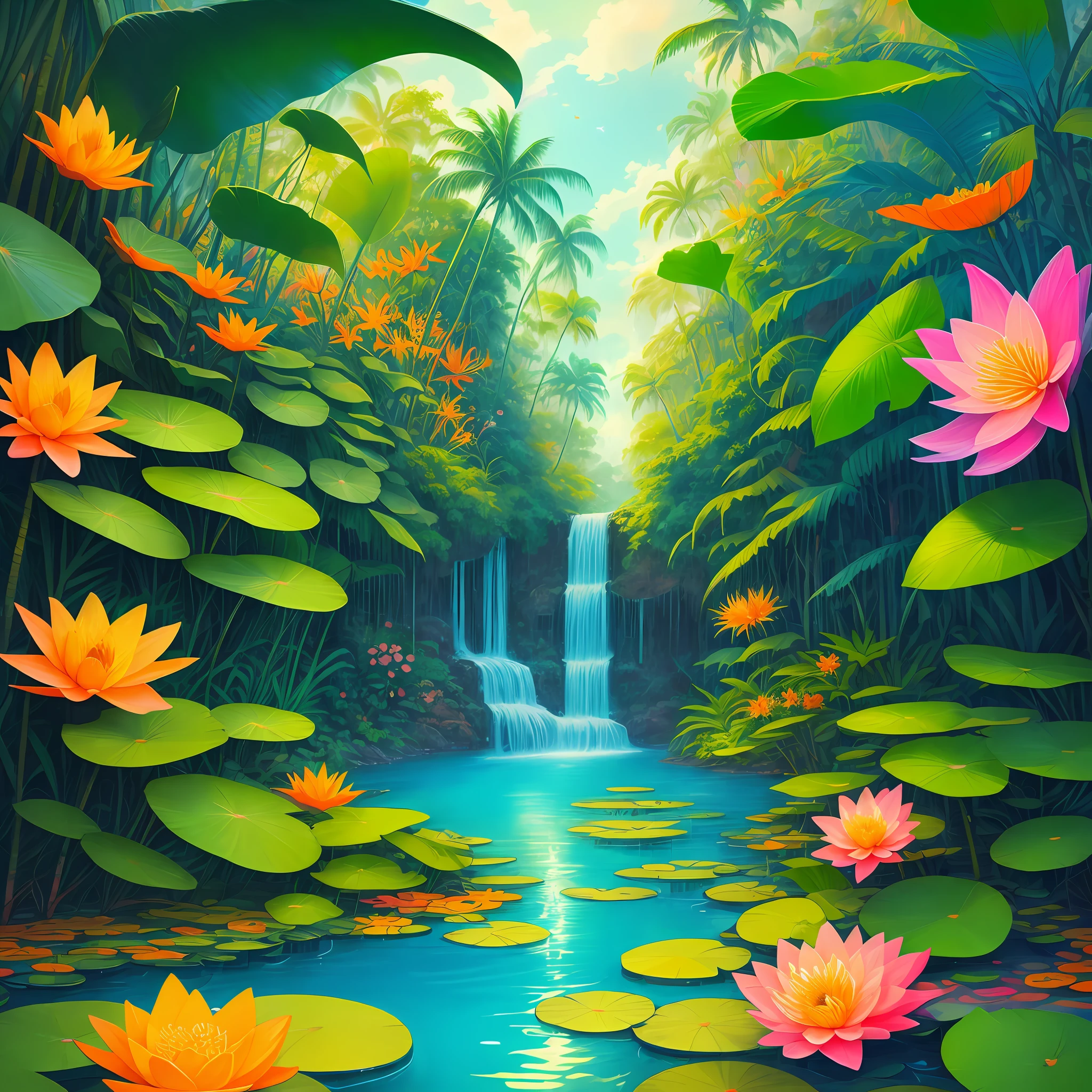 colorful tropical paradise jungle with shrubs a light blue river with golden water lilies and orange pink flowers and fireflies vibrant graffiti colored art