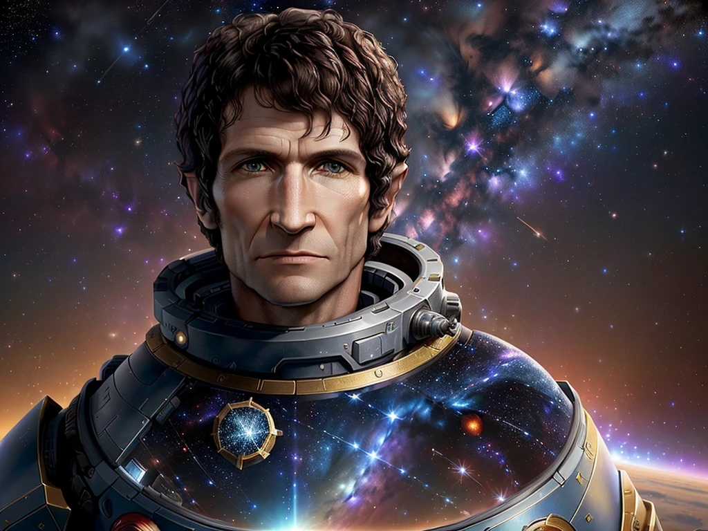 (close-up:1.2, portrait, Todd Howard:1.3) looking at a magnificent (space background:1.5) filled with sparkling (stars:1.4), with the camera close enough to show the wonder in his eyes.