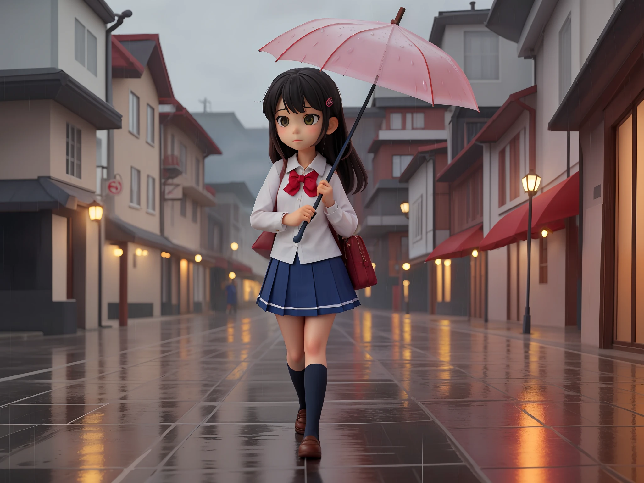 Cute girl, holding an umbrella, rainy day, puzzling look, school girl uniform