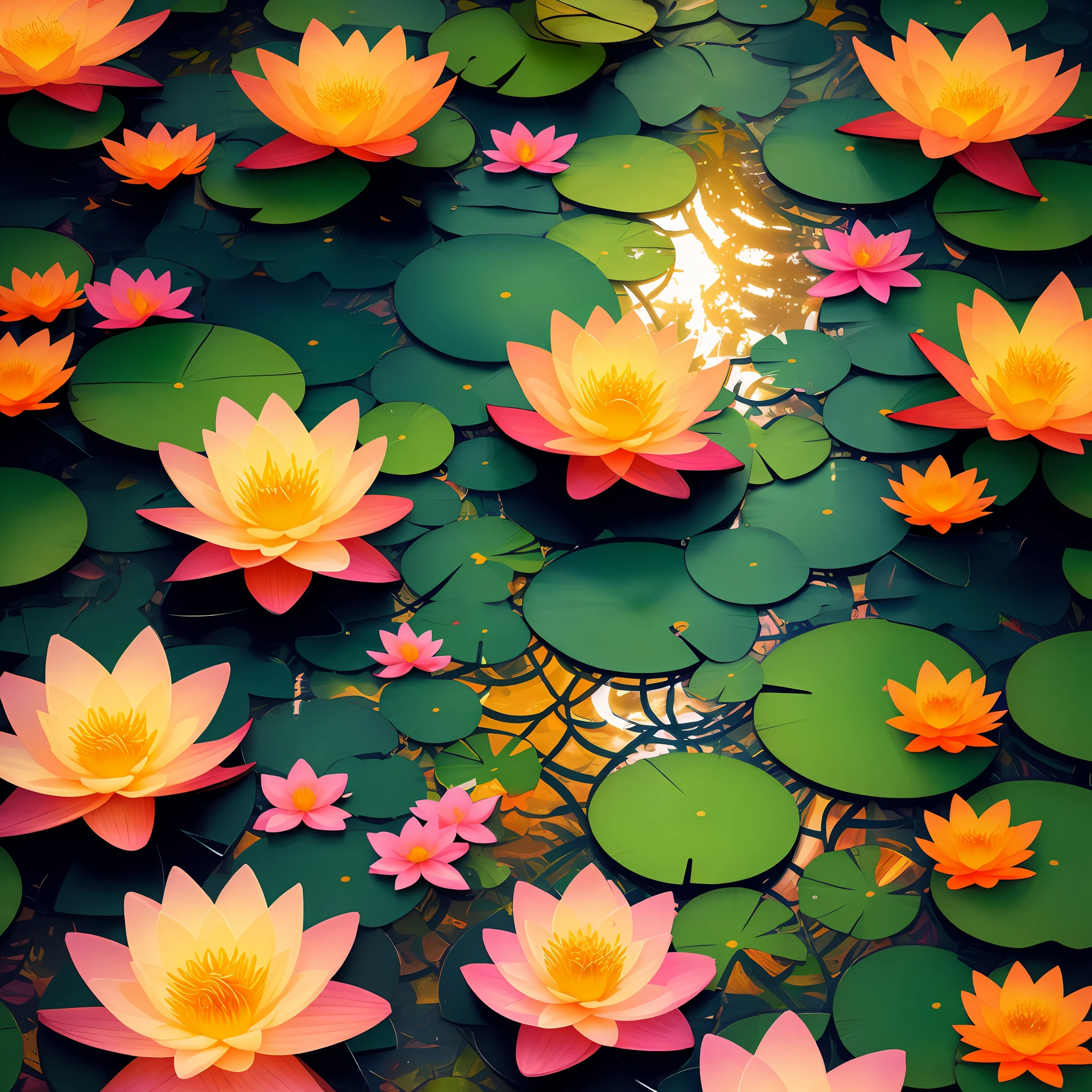 colorful tropical paradise jungle with golden water lilies and pink orange flowers and fireflies vibrant graffiti colored art