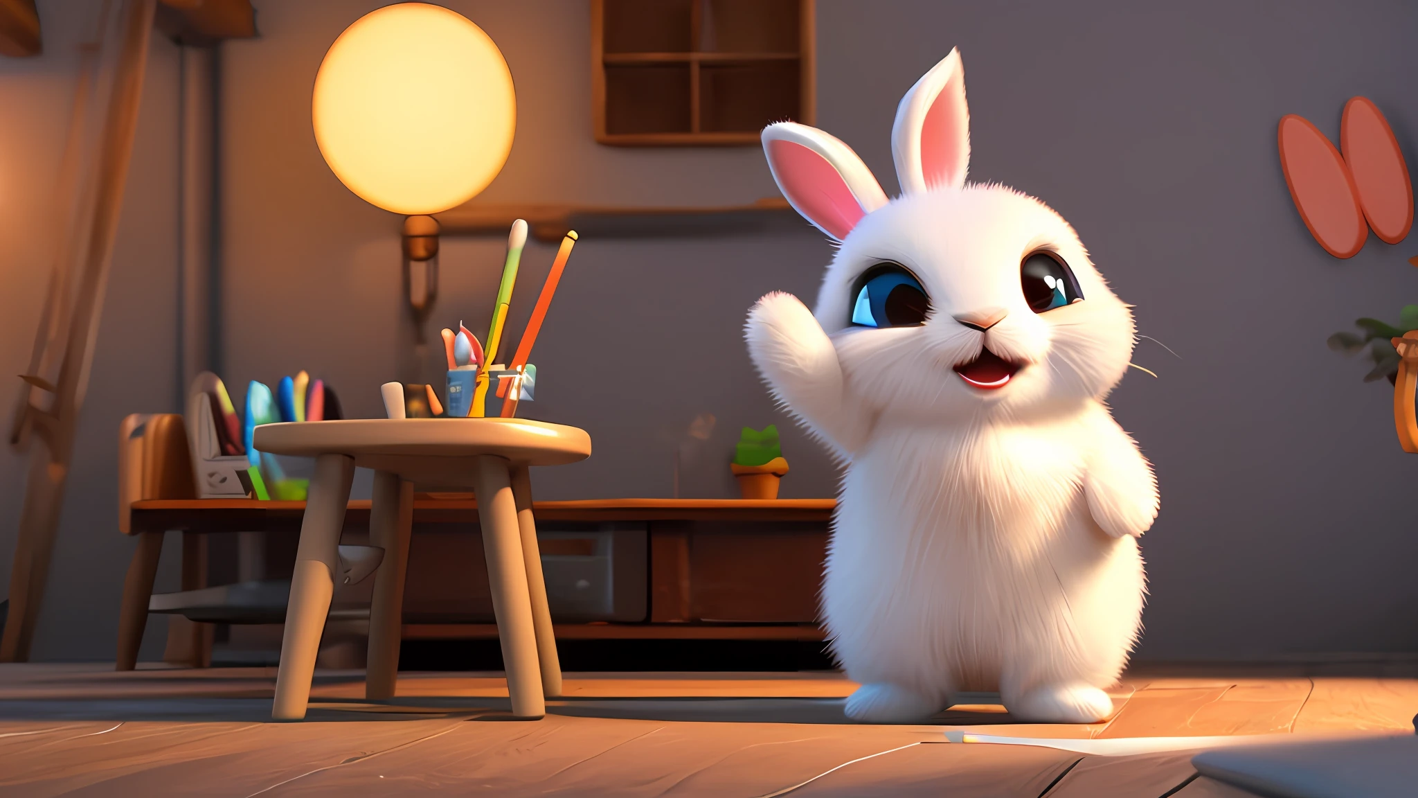 Cute adorable little bunny waving and smiling greeting me, unreal engine, cozy interior lighting, art station, detailed digital painting, cinematic, character design by mark ryden and pixar and hayao miyazaki, unreal 5, daz, hyper realistic, octane render, 3DMDT1