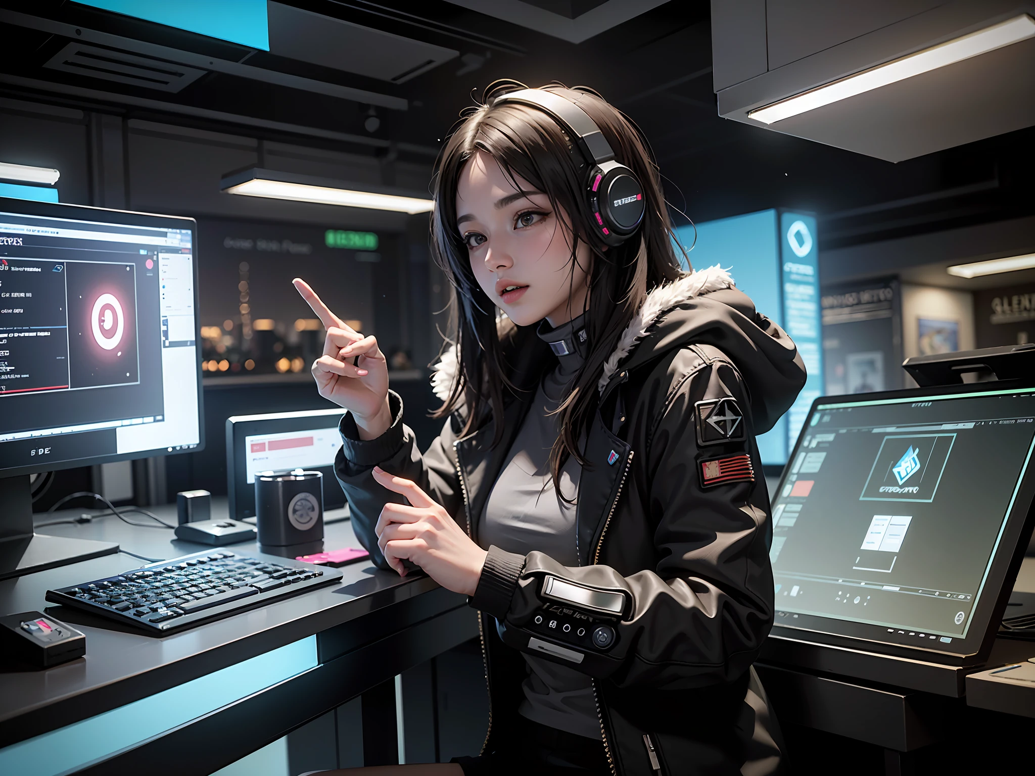 ((Best quality)), ((masterpiece)), (highly detailed:1.3), 3D, beautiful (cyberpunk:1.3) female hacker with thick voluminous hair operating a computer terminal, computer servers, LCD screens, fibre optic cables, corporate logos,HDR (High Dynamic Range),Ray Tracing,NVIDIA RTX,Super-Resolution,Unreal 5,Subsurface scattering,PBR Texturing,Post-processing,Anisotropic Filtering,Depth-of-field,Maximum clarity and sharpness,Multi-layered textures,Albedo and Specular maps,Surface shading,Accurate simulation of light-material interaction,Perfect proportions,Octane Render,Two-tone lighting,Low ISO,White balance,Rule of thirds,Wide aperature,8K RAW,Efficient Sub-Pixel,sub-pixel convolution,luminescent particles,