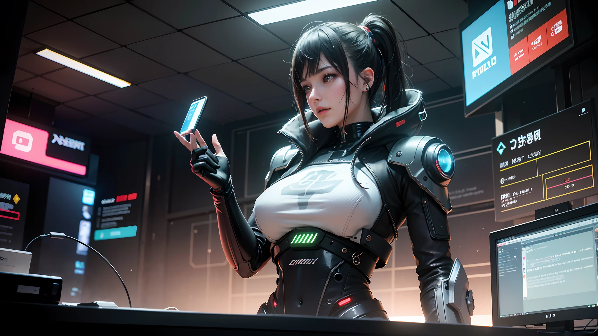 ((Best quality)), ((masterpiece)), (highly detailed:1.3), 3D, beautiful (cyberpunk:1.3) female hacker with thick voluminous hair operating a computer terminal, computer servers, LCD screens, fibre optic cables, corporate logos,HDR (High Dynamic Range),Ray Tracing,NVIDIA RTX,Super-Resolution,Unreal 5,Subsurface scattering,PBR Texturing,Post-processing,Anisotropic Filtering,Depth-of-field,Maximum clarity and sharpness,Multi-layered textures,Albedo and Specular maps,Surface shading,Accurate simulation of light-material interaction,Perfect proportions,Octane Render,Two-tone lighting,Low ISO,White balance,Rule of thirds,Wide aperature,8K RAW,Efficient Sub-Pixel,sub-pixel convolution,luminescent particles,