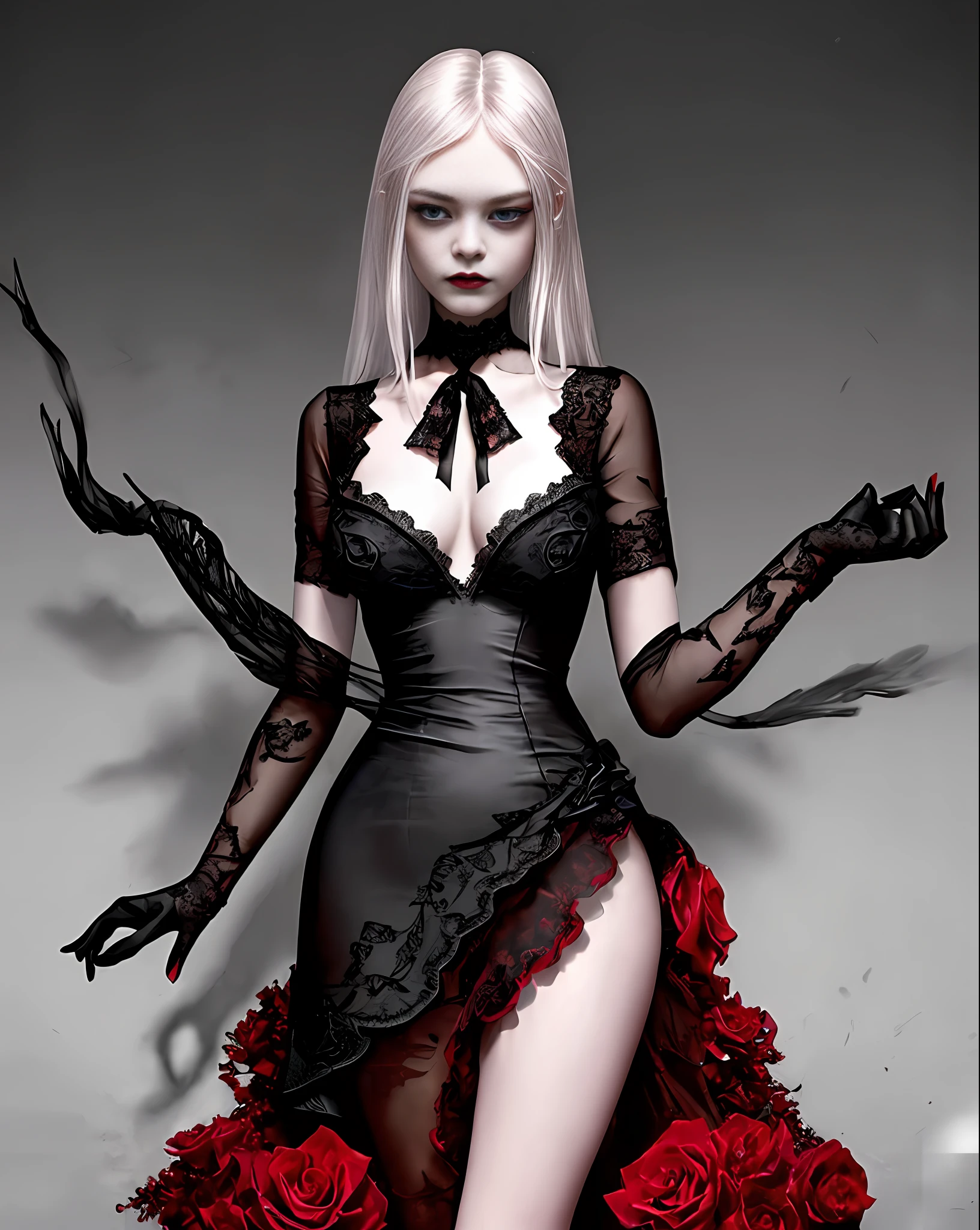 Elle Fanning, hyper realistic cracked skin, (lace fabric), black choker, flying red petals, red lipstick, vampire-like blue eyes, detailed and super bright, provocative poses, ultra realistic, 8k, richness of detail, masterpiece, trend, perverted smile, black gloves, perverted look, bloodthirsty, well-defined features and shadows, (black lace dress with red roses decorating and with flying layers, very sensual with stunning neckline), a black rose in the hair, she has long white hair flowing smoothly in the wind, well defined, realistic photography, striking features, black minimalist photo studio background, PORTRAIT STYLE
