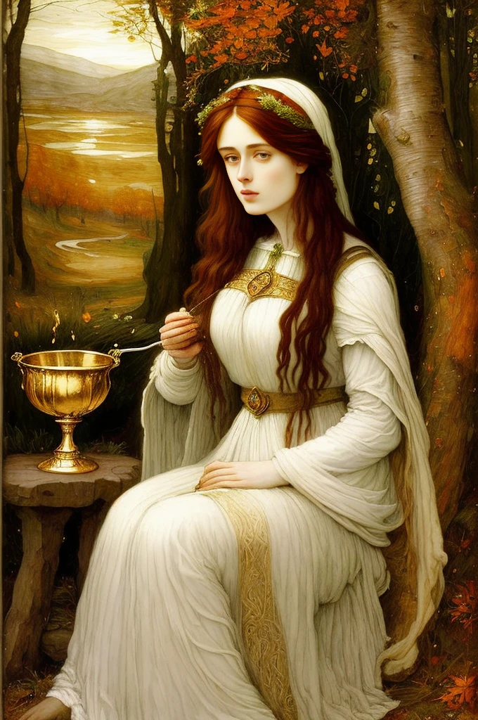 (((Pre-Raphaelite painting))) Druid, Celtic female druid with white clothing makes a libation in the fire, white veil over the head, white veil, Celtic, pours a liquid from a golden cup into the fire, golden cup, golden and autumnal tones, sunset.