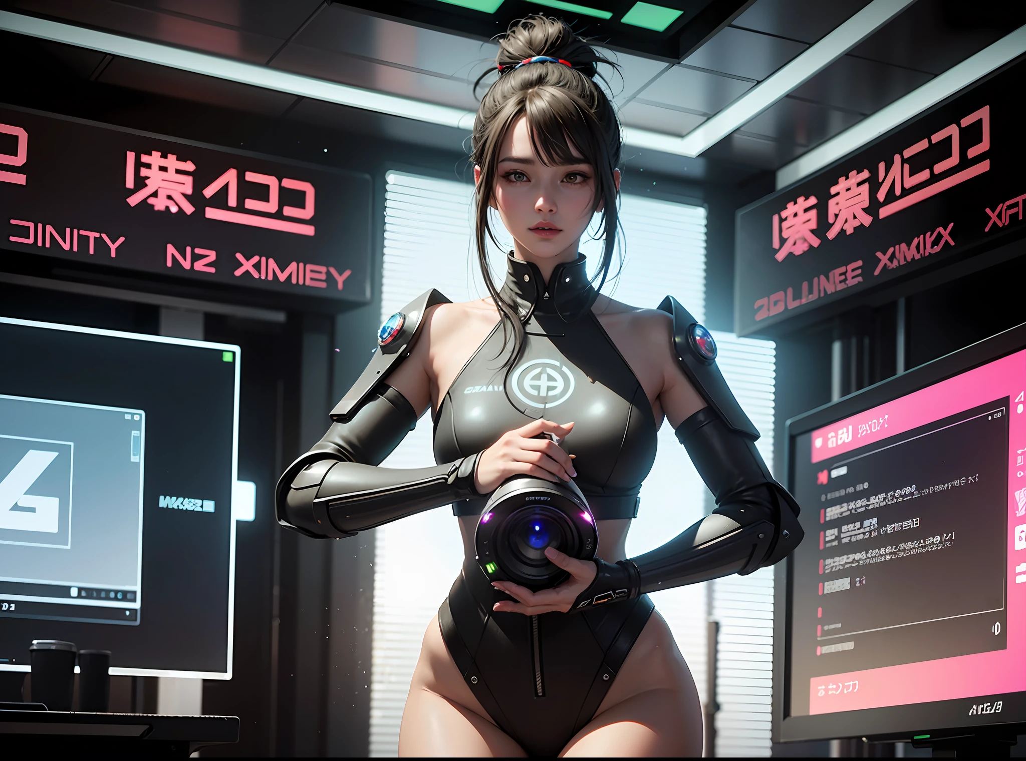 ((Best quality)), ((masterpiece)), (highly detailed:1.3), 3D, beautiful (cyberpunk:1.3) female hacker with thick voluminous hair operating a computer terminal, computer servers, LCD screens, fibre optic cables, corporate logos,HDR (High Dynamic Range),Ray Tracing,NVIDIA RTX,Super-Resolution,Unreal 5,Subsurface scattering,PBR Texturing,Post-processing,Anisotropic Filtering,Depth-of-field,Maximum clarity and sharpness,Multi-layered textures,Albedo and Specular maps,Surface shading,Accurate simulation of light-material interaction,Perfect proportions,Octane Render,Two-tone lighting,Low ISO,White balance,Rule of thirds,Wide aperature,8K RAW,Efficient Sub-Pixel,sub-pixel convolution,luminescent particles,