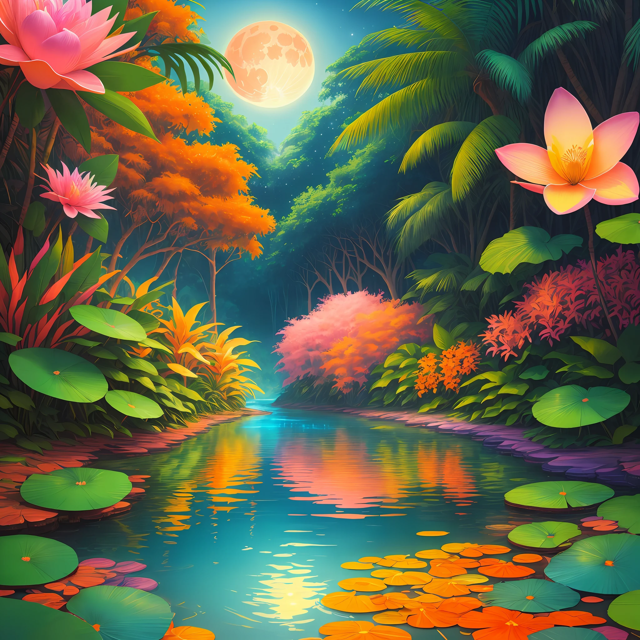 colorful tropical paradise jungle with colorful orange and pink shrubs a light blue river with the bank like brown earth and aged gold with golden water lilies and vibrant multicolored flowers and full moon and fireflies art color graffiti vivid and vibrant colors
