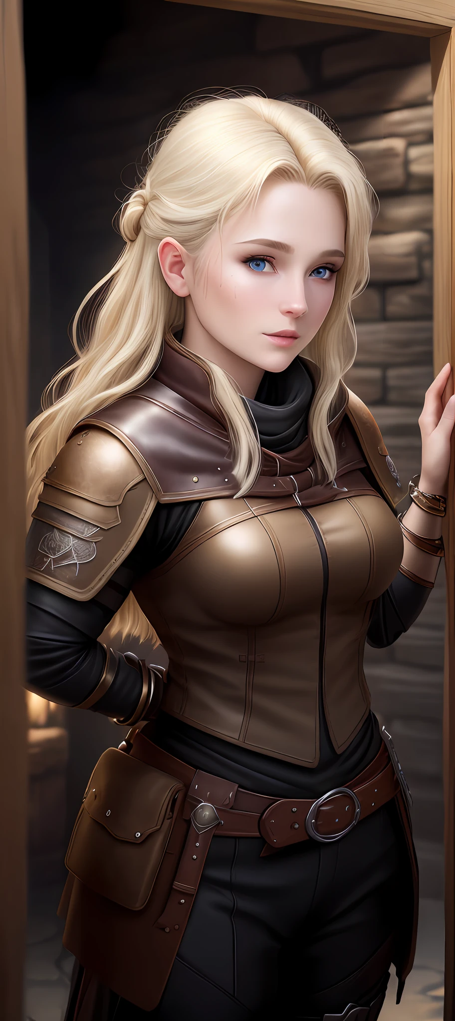 "Complete art masterpiece, high quality, ultra detailed in 4k, 8k, high resolution, hyper-realistic photo, hyper-detailed, realistic skin texture, amazing shadows, extremely detailed texture, perfect lighting, high-level image quality." A female hunter from a RPG d&d Pathfinder game, Fair skin, blond hair, outlined eyes, outlined face, bracelet, Full body, bloody leather clothes, in the florest, night, dark, medieval, florest background