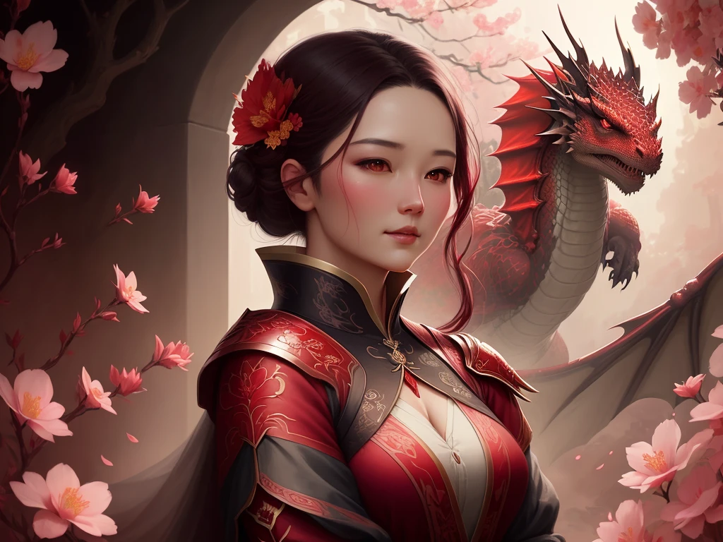 a woman with a dragon and flowers behind her has an illustration, in the style of light red and light crimson, multilayered realism, bayard wu, gloomy, cherry blossoms, serene faces, realistic color schemes