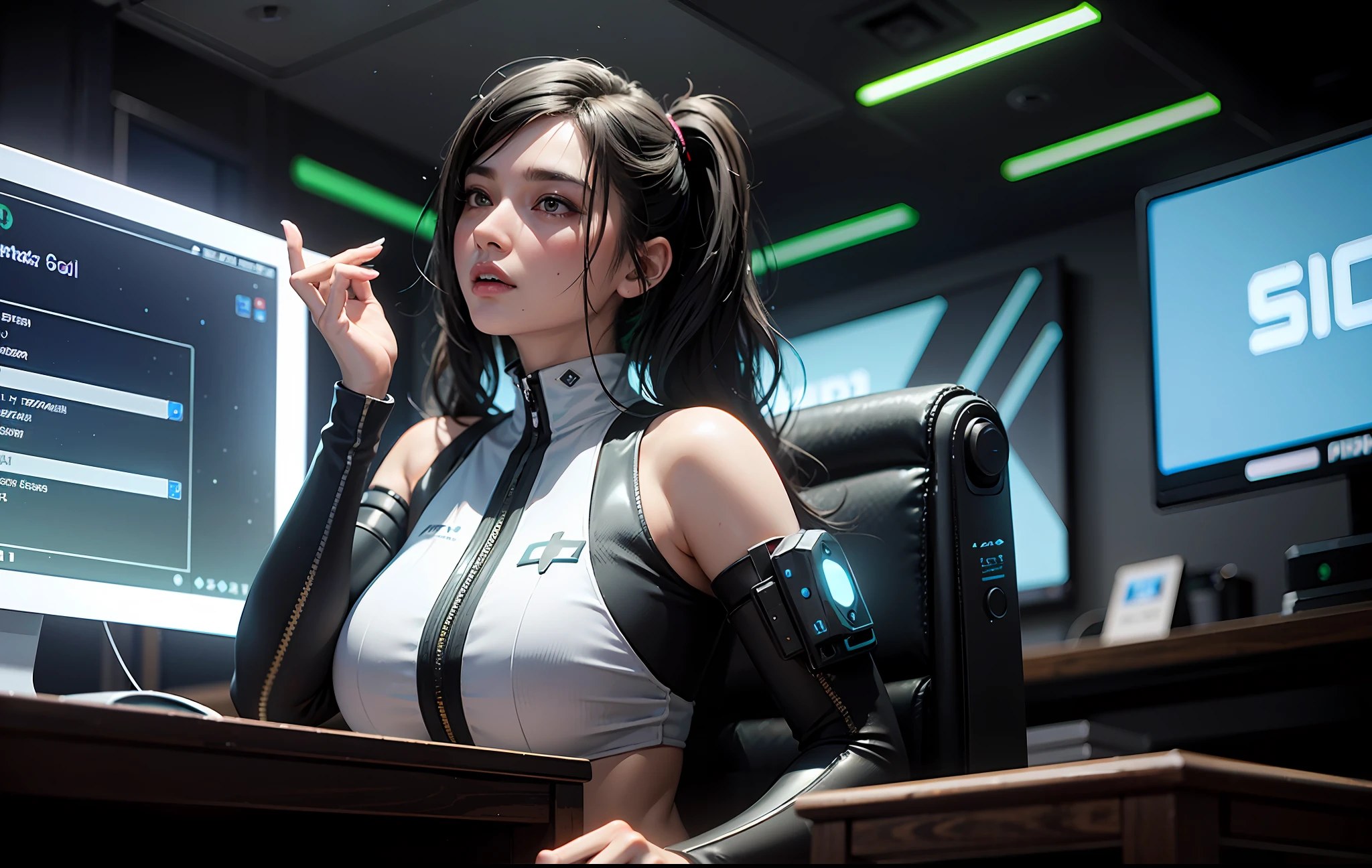 ((Best quality)), ((masterpiece)), (highly detailed:1.3), 3D, beautiful (cyberpunk:1.3) female hacker with thick voluminous hair operating a computer terminal, computer servers, LCD screens, fibre optic cables, corporate logos,HDR (High Dynamic Range),Ray Tracing,NVIDIA RTX,Super-Resolution,Unreal 5,Subsurface scattering,PBR Texturing,Post-processing,Anisotropic Filtering,Depth-of-field,Maximum clarity and sharpness,Multi-layered textures,Albedo and Specular maps,Surface shading,Accurate simulation of light-material interaction,Perfect proportions,Octane Render,Two-tone lighting,Low ISO,White balance,Rule of thirds,Wide aperature,8K RAW,Efficient Sub-Pixel,sub-pixel convolution,luminescent particles,
