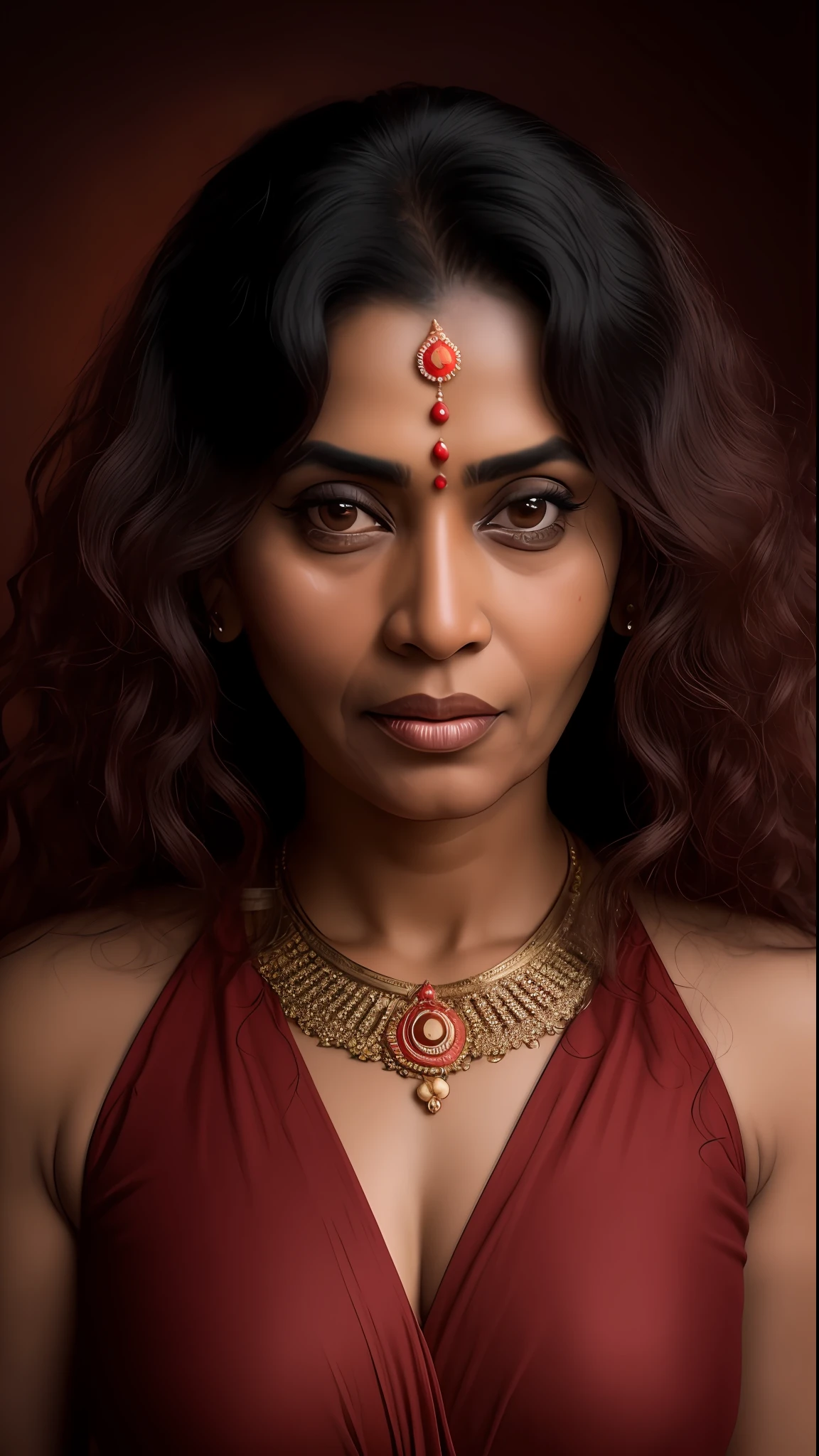 Award-winning portrait photo of upper body of goddess Durga, (Hindu goddess), wearing red dress, 50-year-old Indian woman, wavy and long flowing black hair, eyes looking up, (square face), bronze-colored skin, telephoto, Himalaya background