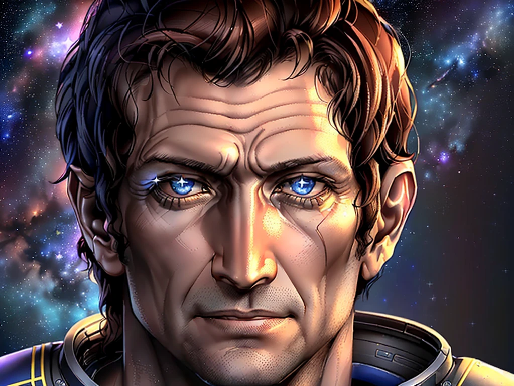 (close-up:1.2, portrait, Todd Howard:1.3) looking at a magnificent (space background:1.5) filled with sparkling (stars:1.4), with the camera close enough to show the wonder in his eyes.