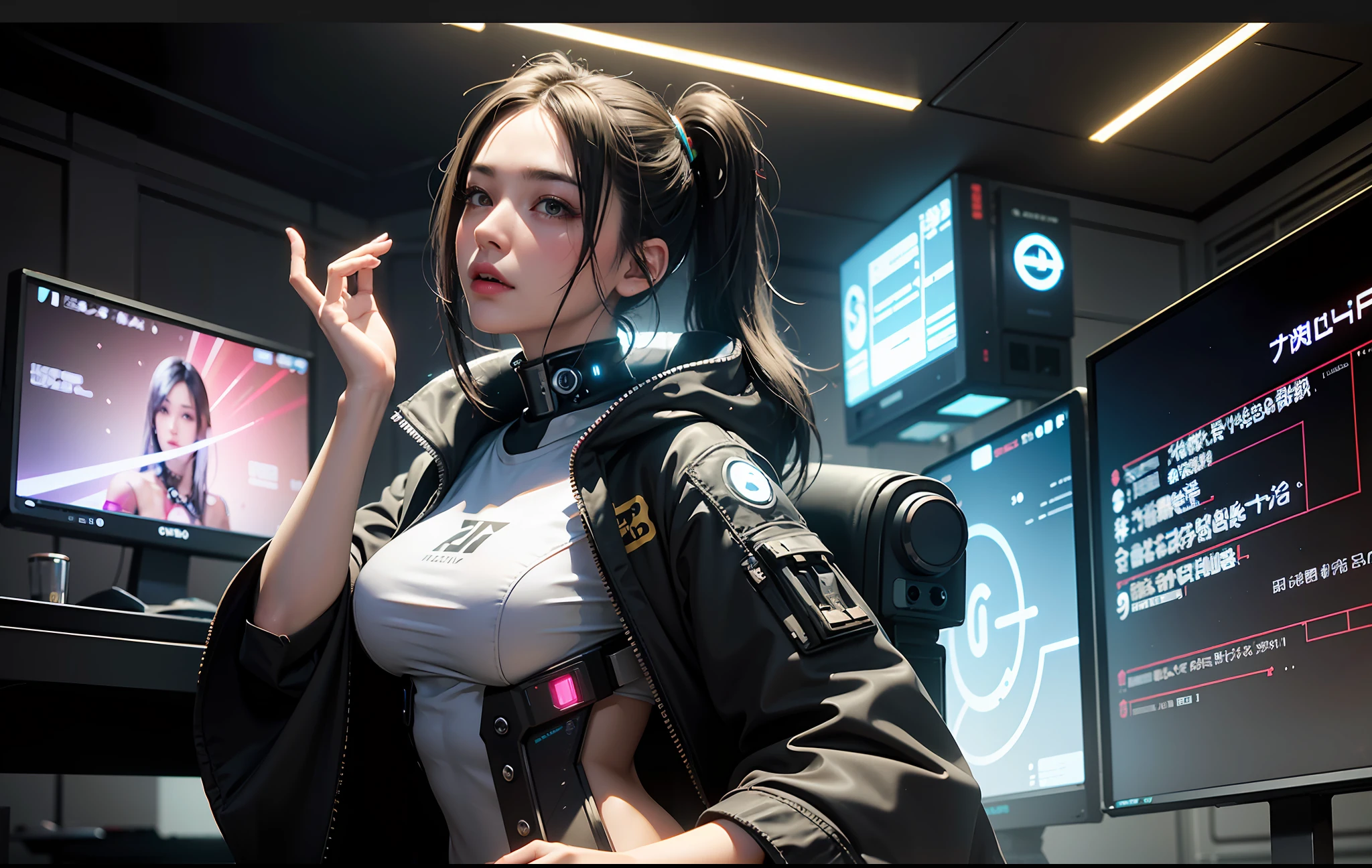 ((Best quality)), ((masterpiece)), (highly detailed:1.3), 3D, beautiful (cyberpunk:1.3) female hacker with thick voluminous hair operating a computer terminal, computer servers, LCD screens, fibre optic cables, corporate logos,HDR (High Dynamic Range),Ray Tracing,NVIDIA RTX,Super-Resolution,Unreal 5,Subsurface scattering,PBR Texturing,Post-processing,Anisotropic Filtering,Depth-of-field,Maximum clarity and sharpness,Multi-layered textures,Albedo and Specular maps,Surface shading,Accurate simulation of light-material interaction,Perfect proportions,Octane Render,Two-tone lighting,Low ISO,White balance,Rule of thirds,Wide aperature,8K RAW,Efficient Sub-Pixel,sub-pixel convolution,luminescent particles,