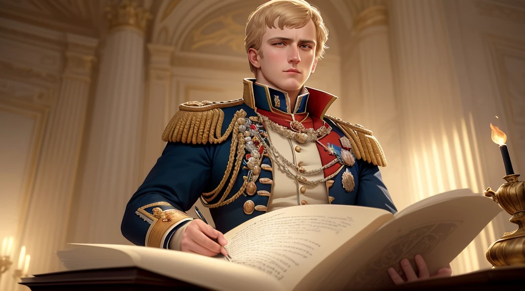 The scene depicts the cover of a book or propaganda poster inspired by the iconic figure of Napoleon Bonaparte. In an art drawing on paper, using shades of yellow, blue and white red, the French emperor is depicted in an imposing and majestic way.

Napoleon Bonaparte is depicted in a characteristic pose, with determined look and confident expression. His facial features are meticulously crafted to create a hyper-realistic look, underscoring his striking personality. The design also captures details such as the Napoleonic uniform, with its intricate ornamentation and military symbols.

The composition is inspired by the works of Frank Frazetta and Gustave Doré, and each element is carefully crafted to create a visually impactful masterpiece. Meticulous detail, precise brush strokes and volumetric lighting bring the scene to life, providing a sense of depth and realism.

The choice of shades of yellow, blue and white red helps to create contrast and emphasize the figure of Napoleon Bonaparte. These colors are emblematic of the Napoleonic period and evoke an atmosphere of grandeur and power.

The scene is enriched by the technique of oil painting, which adds subtle textures and nuances, giving a cinematic aspect to the work. The 8k resolution ensures a rich view in detail, allowing you to appreciate every brush stroke and minutia of the composition.

In the background, the golden hour lends a special glow to the scene, further highlighting the figure of Napoleon Bonaparte. The carefully crafted lighting enhances the contours and provides a dramatic and captivating effect.

This depiction of Napoleon Bonaparte in an art drawing on paper is a tribute to his historical importance and his legacy as a military leader and emperor. The work seeks to convey the grandeur and complexity of this historical character through a perfect composition, rich in detail and with an impressive visual aesthetic.