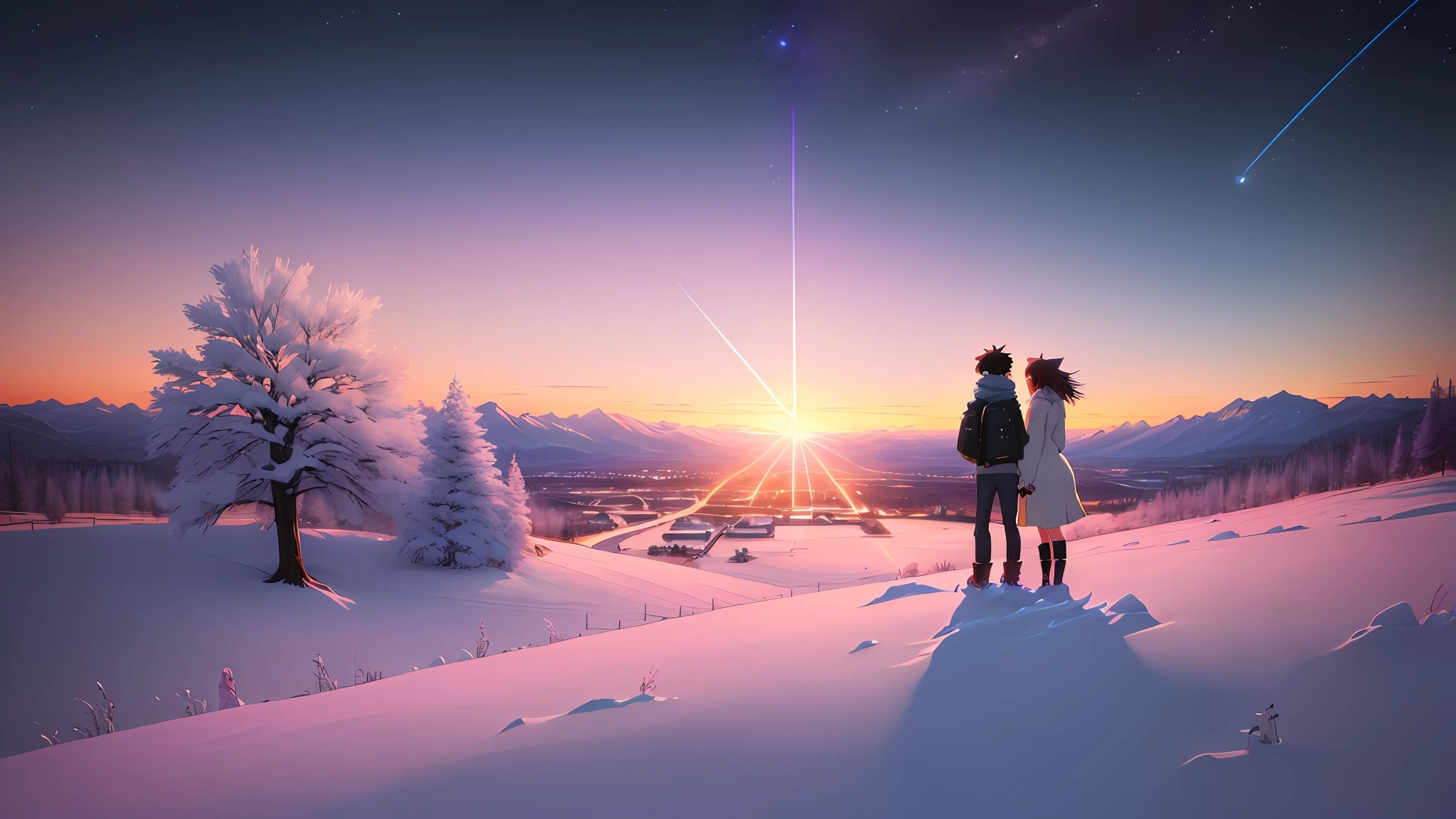 An anime scene of two people standing on a snowy field with the sky in the background, inspired by Makoto Shinkai&#39;s anime drawings, trending on pixiv, concept art, Cosmos Sky. Author: Makoto Shinkai, beautiful anime scene, Makoto Shinkai Cyril Rolando, anime art wallpaper 4k, anime art wallpaper 4k, anime sky, anime beautiful peaceful field ((((Makoto Shinkai style)), pixiv, anime drawing, High resolution, pink sky, beautiful scene), (universe, train passing, magic realism, ((makoto shinkai style)) ::0.8), [art atmosphere, atmosphere:0.8, starry sky, hills, snow mountain , sparkling water, grass, trees, smoke, stars, low angle of view, specular light scattering, detail enhancement. Character details are complete.