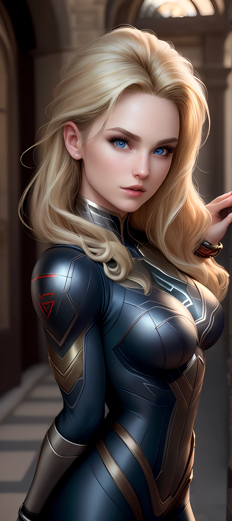 "Complete art masterpiece, high quality, ultra detailed in 4k, 8k, high resolution, hyper-realistic photo, hyper-detailed, realistic skin texture, amazing shadows, extremely detailed texture, perfect lighting, high-level image quality." A female superheroine, inspired by x-man, Fair skin, blond hair, outlined eyes, outlined face, bracelet, Full body, Nice super hero clothes, in the florest, outside a mansion
