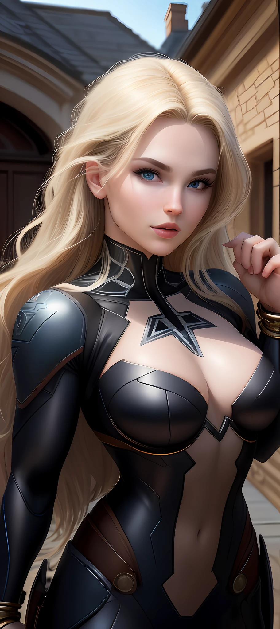 "Complete art masterpiece, high quality, ultra detailed in 4k, 8k, high resolution, hyper-realistic photo, hyper-detailed, realistic skin texture, amazing shadows, extremely detailed texture, perfect lighting, high-level image quality." A female superheroine, inspired by x-man, Fair skin, blond hair, outlined eyes, outlined face, bracelet, Full body, Nice super hero clothes, in the florest, outside a mansion