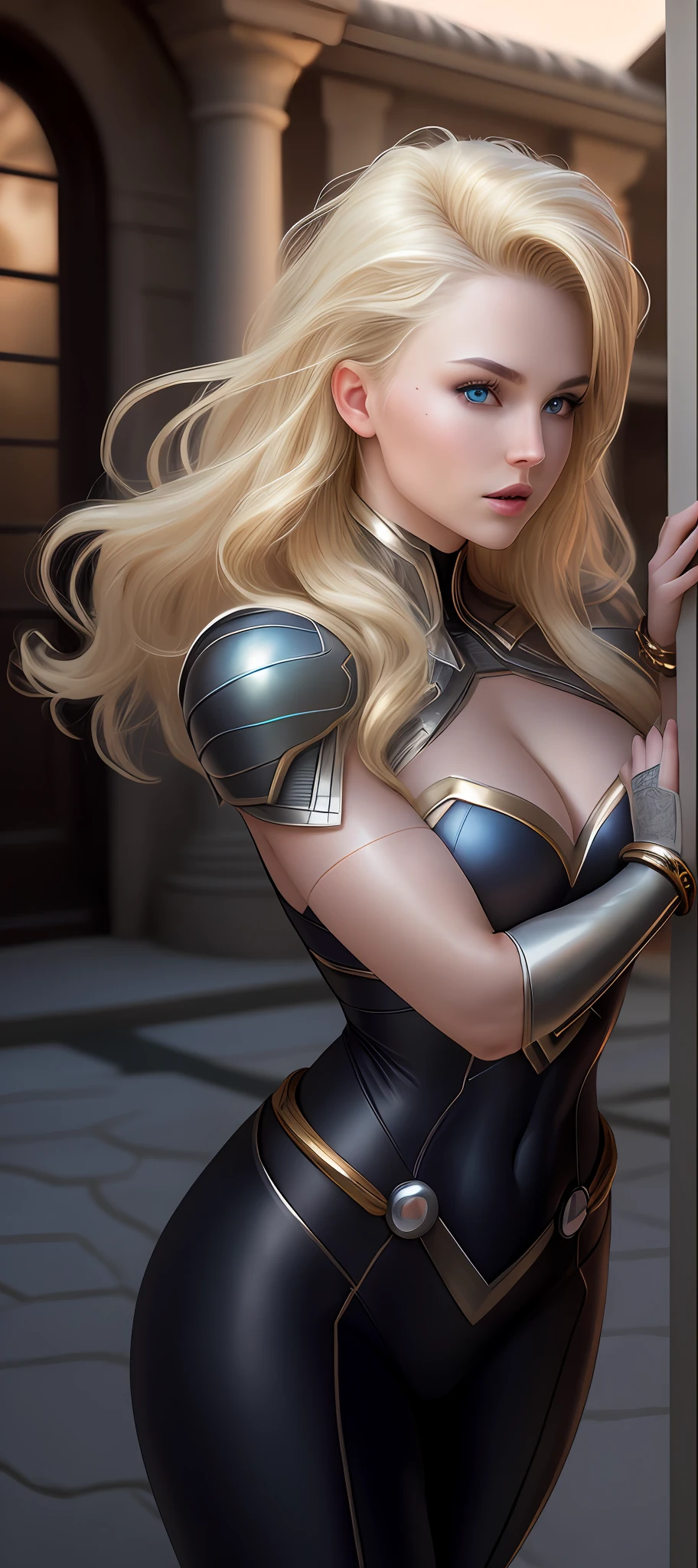 "Complete art masterpiece, high quality, ultra detailed in 4k, 8k, high resolution, hyper-realistic photo, hyper-detailed, realistic skin texture, amazing shadows, extremely detailed texture, perfect lighting, high-level image quality." A female superheroine, inspired by x-man, Fair skin, blond hair, outlined eyes, outlined face, bracelet, Full body, Nice super hero clothes, in the florest, outside a mansion