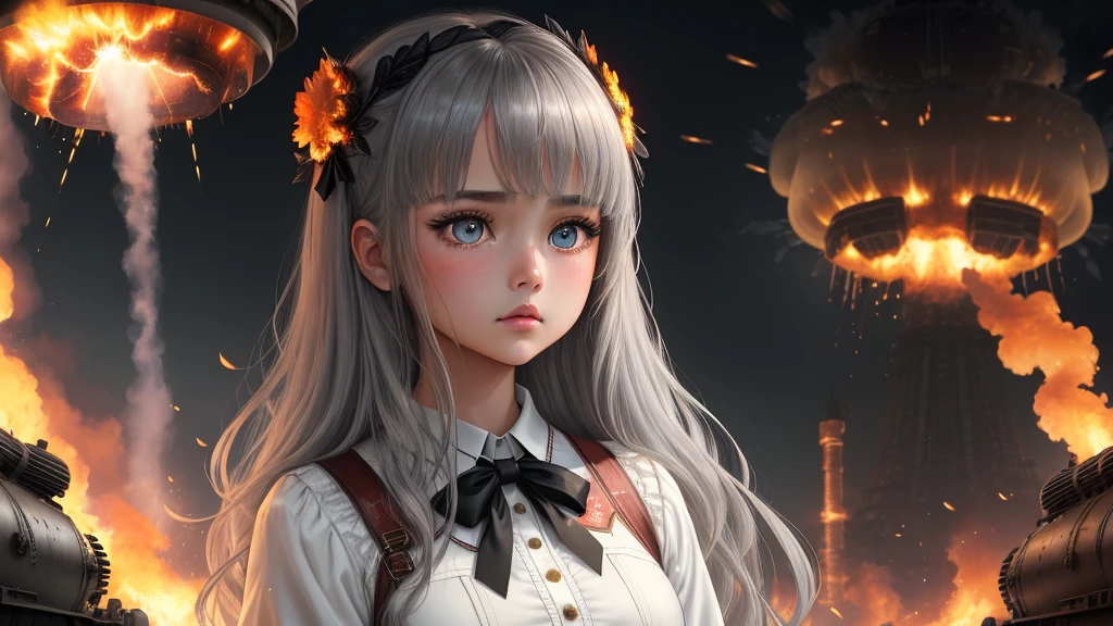 masterpiece,best quality, illustration,{beautiful detailed girl},beautiful detailed glow,(flames of war:1.2),(nuclear explosion behide:1.3),rain,detailed lighting,detailed water,(beautiful detailed eyes:1.1),expressionless,palace,azure hair,disheveled hair,long bangs,hairs between eyes,(whitegrey dress:1.1),black ribbon,white bowties,midriff,big forhead,blank stare,flower,long sleeves