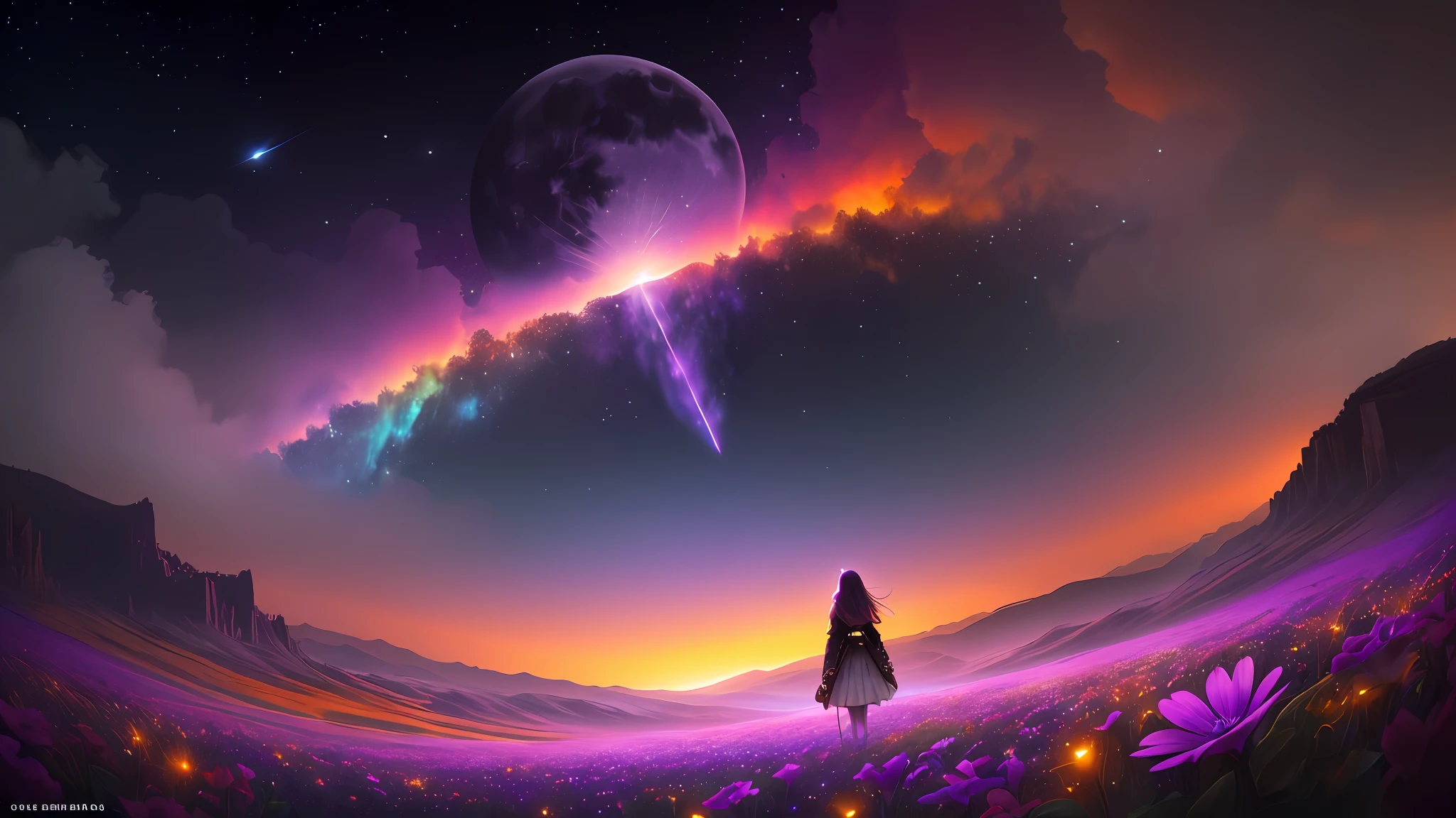 Vast landscape photo, (viewed from below, the sky is above and the open field is below), a girl standing on a flower field looking up, (full moon: 1.2), (meteor: 0.9), (nebula: 1.3), distant mountains , Trees BREAK Crafting Art, (Warm Light: 1.2), (Fireflies: 1.2), Lights, Lots of Purple and Orange, Intricate Details, Volumetric Lighting, Realism BREAK (Masterpiece: 1.2), (Best Quality), 4k, Ultra-Detailed, (Dynamic Composition: 1.4), Very Detailed, Colorful Details, (Rainbow Colors: 1.2), (Glow Lighting, Atmospheric Lighting), Dreamy, Magical, (Solo: 1.2)