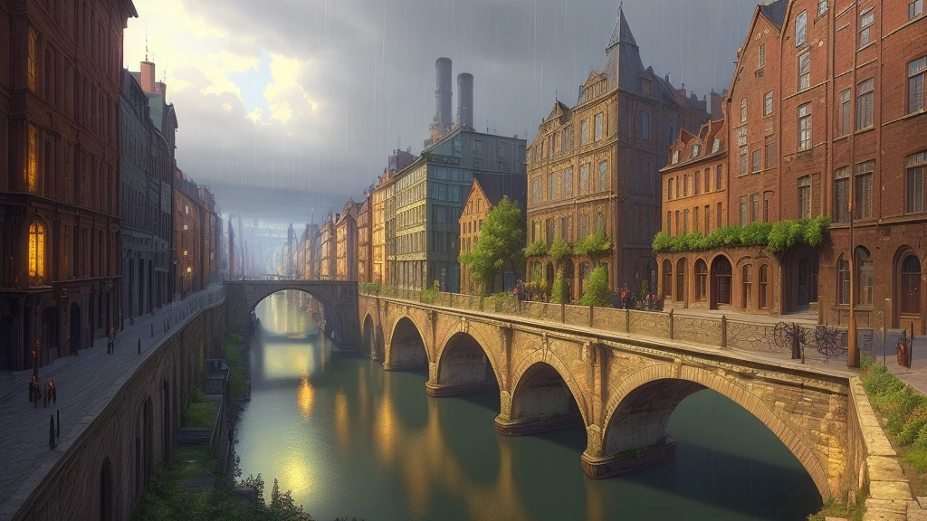 ((masterpiece)),((best quality)),((high detial)),((realistic,))
(Masterpiece), (Best Quality)
Cities in the industrial era, deep valleys in the middle, building streets, [[magic]], bridges, rainy days, steampunk, European architecture