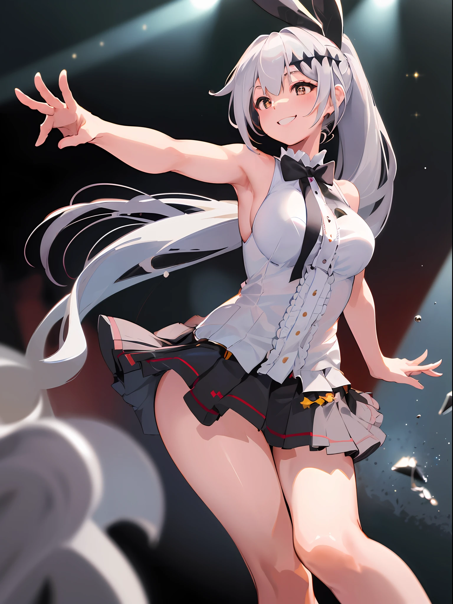 (masterpiece), (best quality), ((high resolution)), ((pupils)), (fiveseven: 1.2), charming smile, 1 girl, long ponytail, silver hair, large breasts, dynamic pose, sleeveless top, (black pleated skirt)