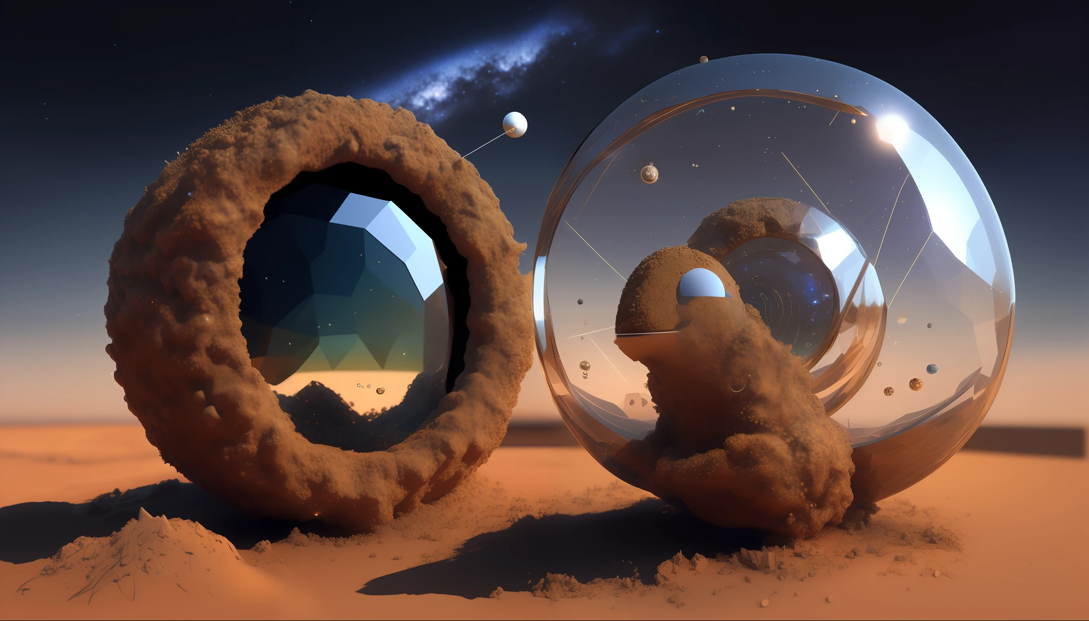 an anthill that represents time dilation from general relativity in a refracted starscape, realistic, 3d