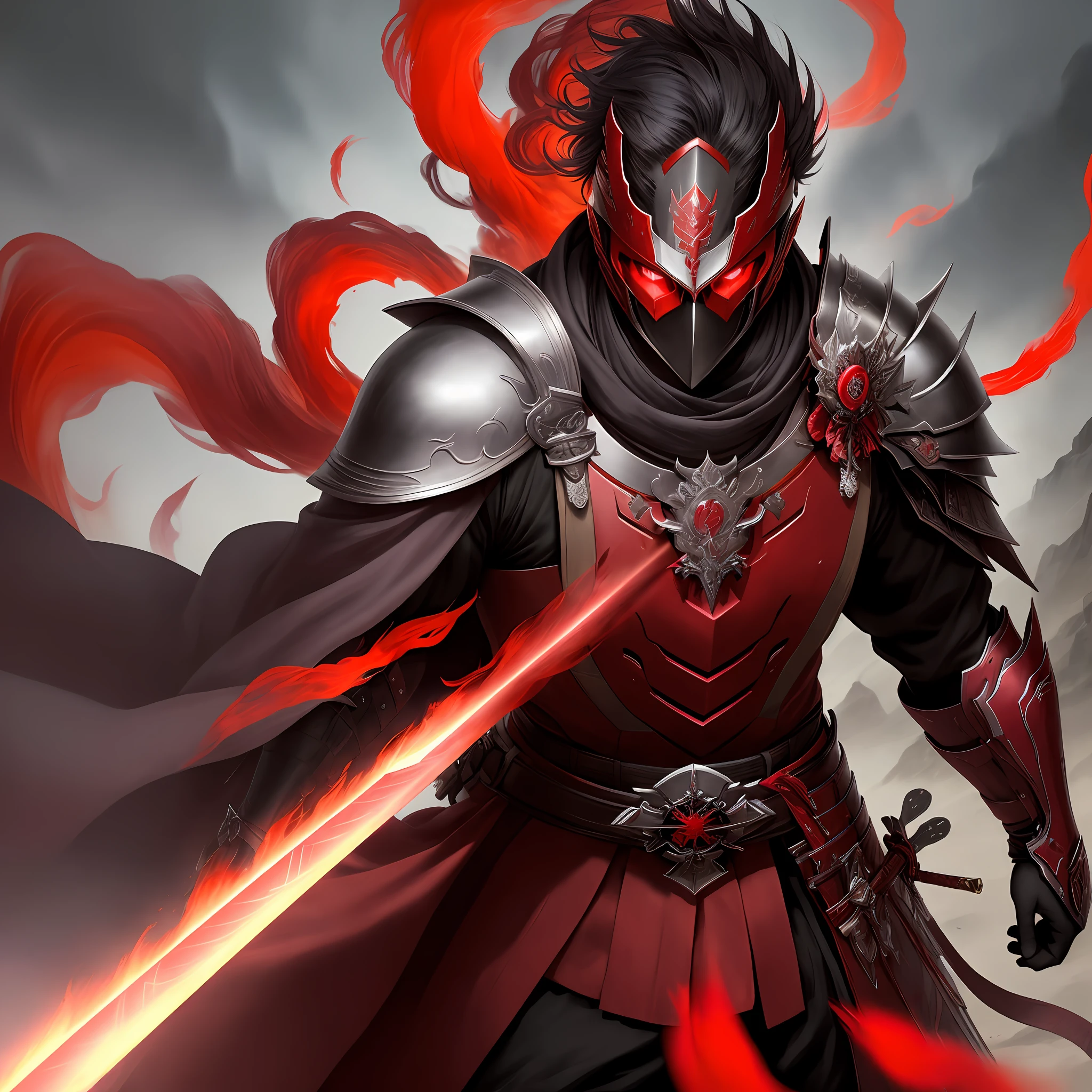 masterpiece, best quality, details,  Yone ,a man with dual swords, name Akazana sword, human blade sword ,red dark color, red smoke, red eyes behind the mask , serious,