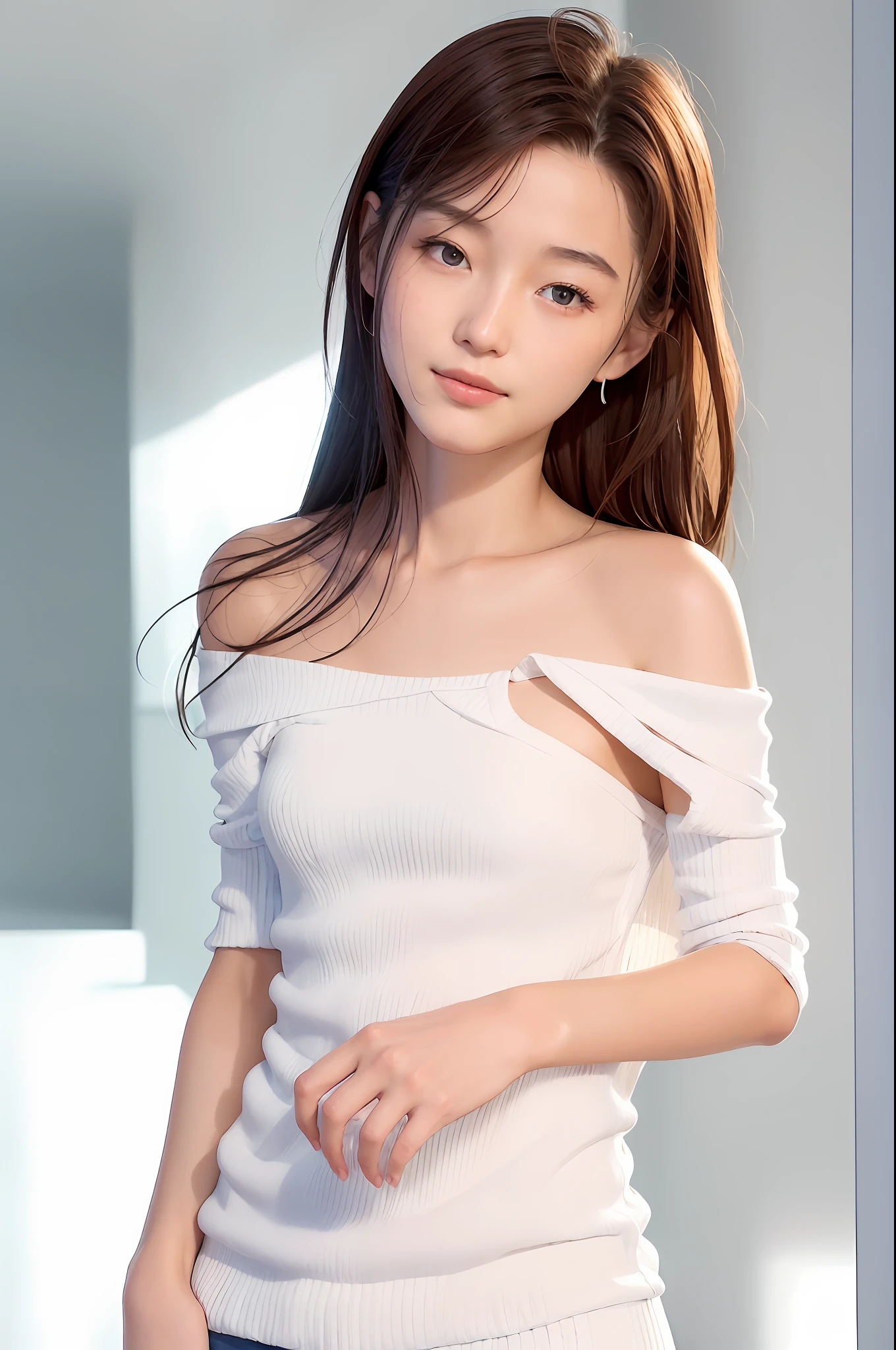 Gentle and pleasant Japanese girl,Portrait of an 18 year old cute beautiful perfect face petit teen,happy smile, full body photo, delicate and sexy collarbone, charming oval face, double eyelids, vivid peach blossom eyes, pink lips, small nose, bare shoulders, focused face, close-up face , ultra-high-definition, super-detailed, elegant standing posture, a white short dress, plus a thin yellow cardigan jacket, showing a small and fresh atmosphere of literature and art, very fashionable, looking at viewer,off shoulder,wet cloth