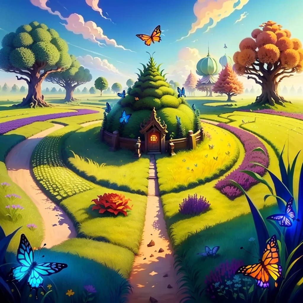 Dragon anthill, sprouted grass and butterflies around, magical style