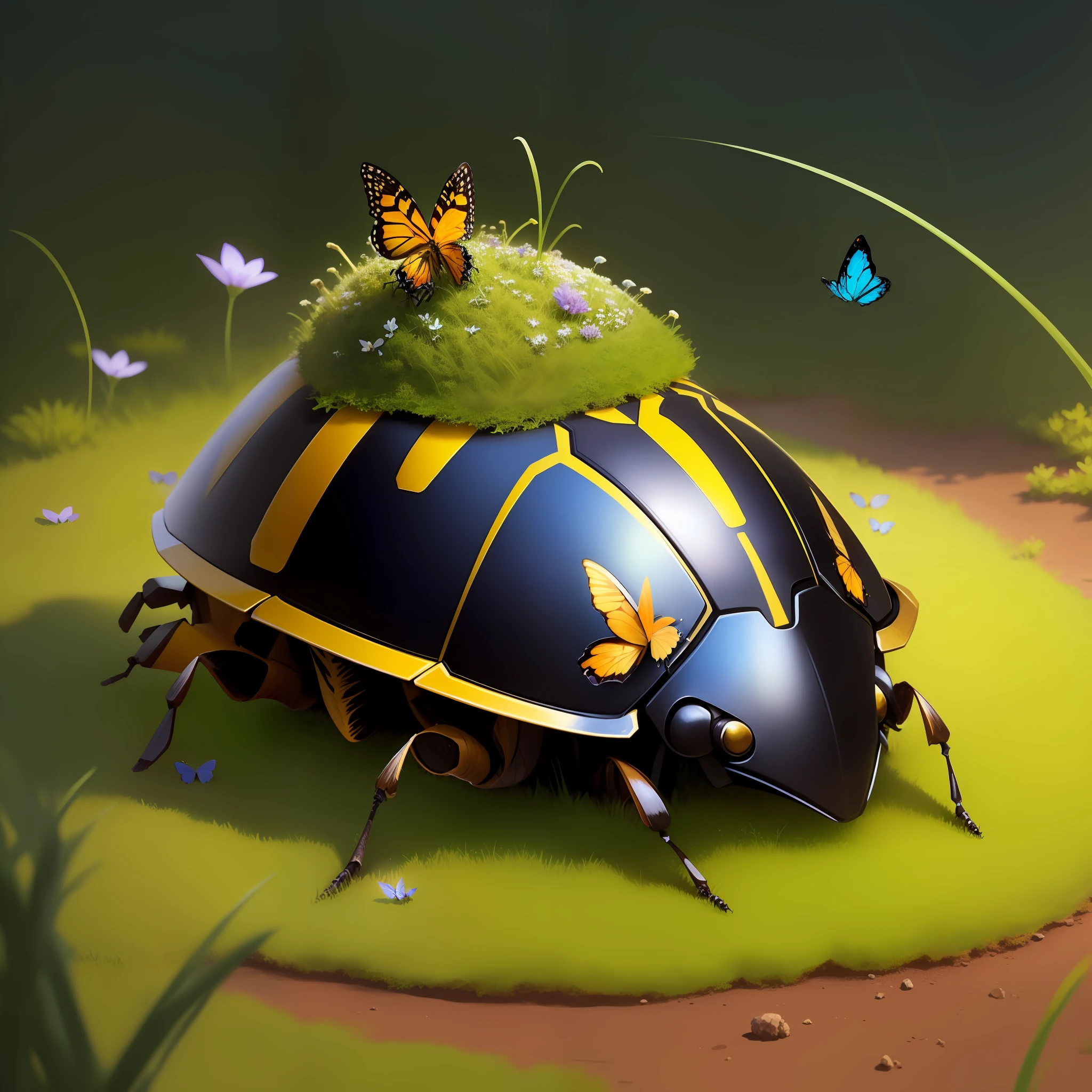 anthill from the head of a beetle, sprouted grass and butterflies around, magic style, anime style