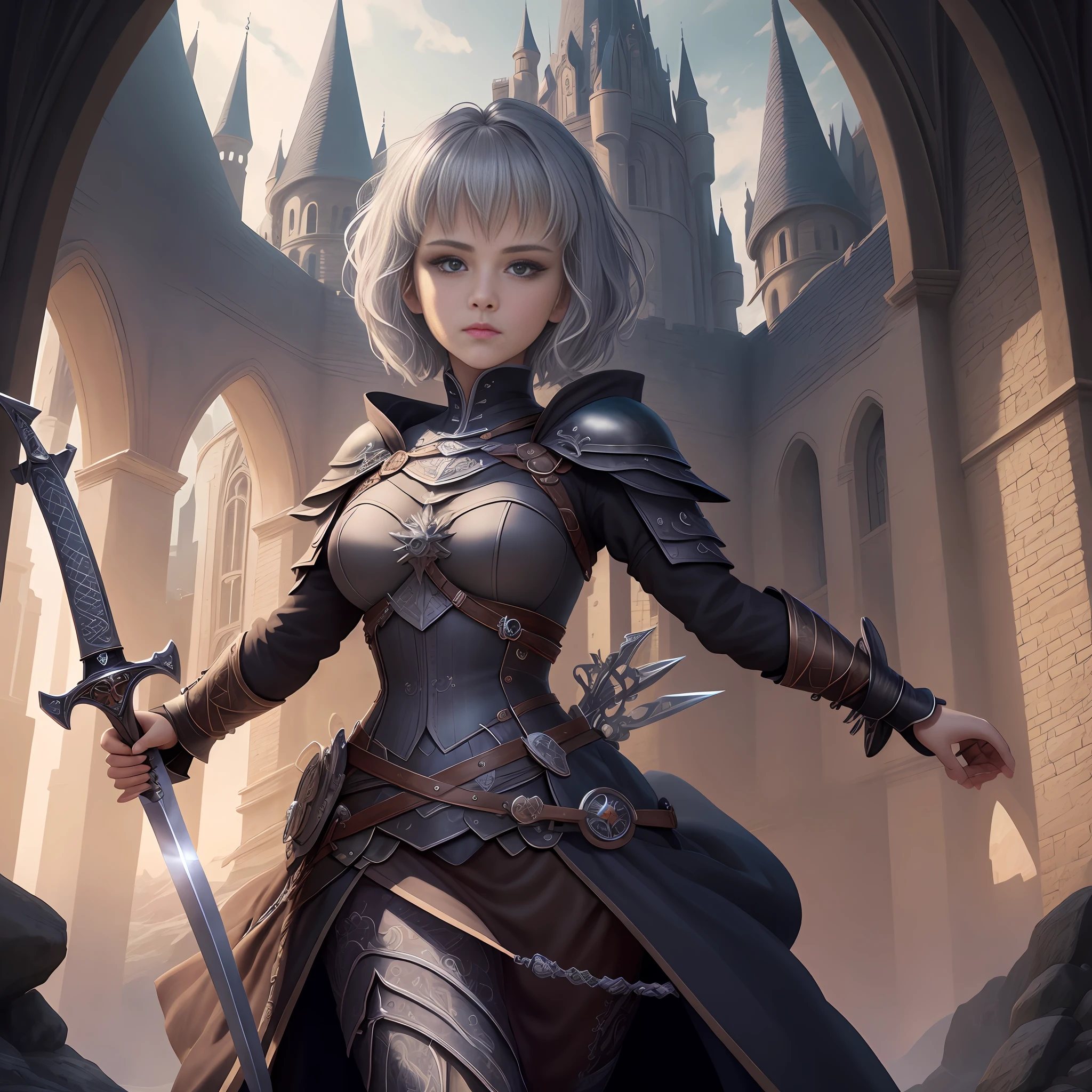 official art, unity 8k wallpaper, ultra detailed, beautiful and aesthetic, High quality, beautiful, masterpiece, best quality, (zentangle, mandala, tangle, entangle:0.6), a brave woman holding a sword, short hair, dynamic, cool as, dark castle in the background